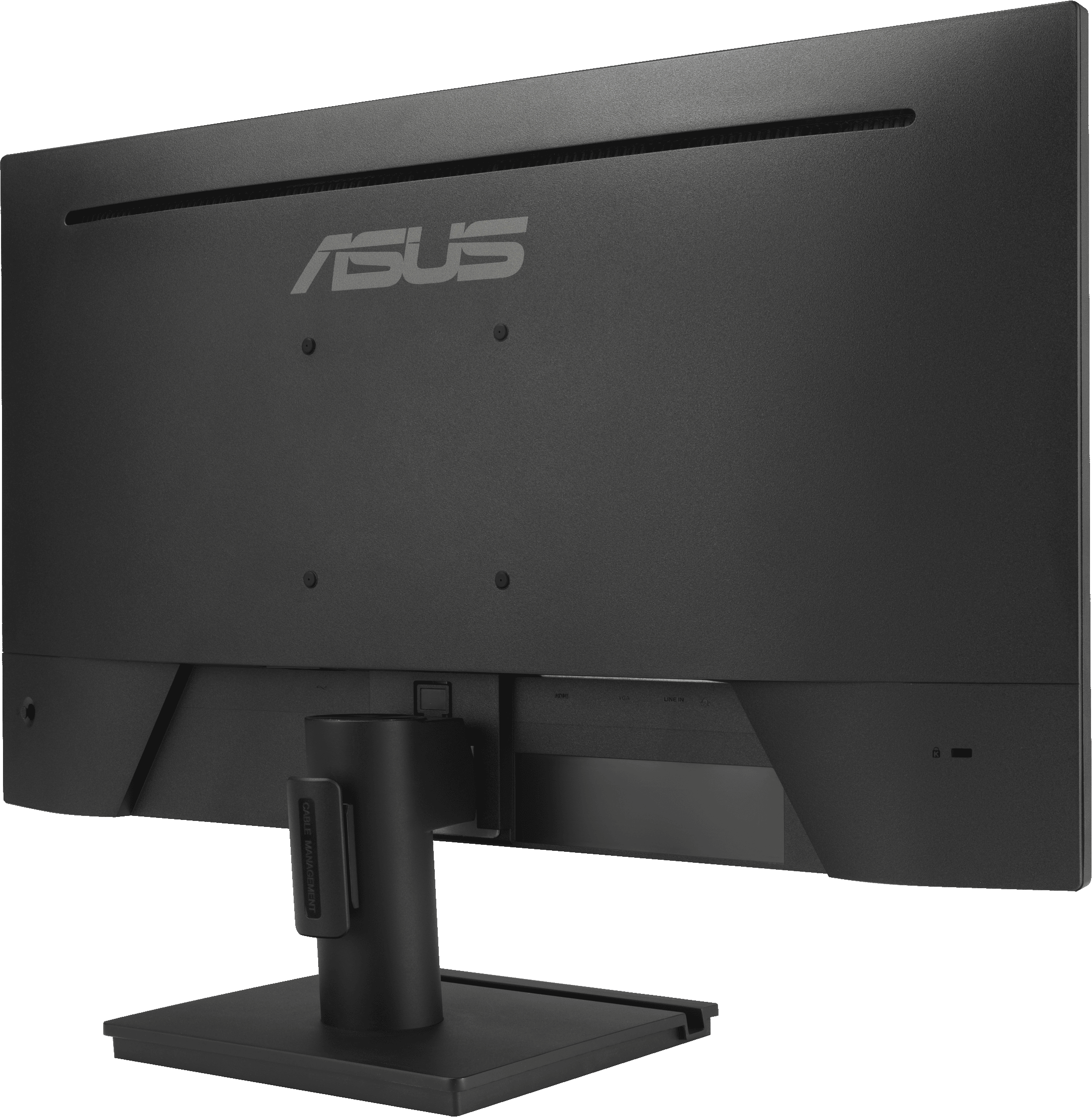 Vue arrière d'un moniteur d'ordinateur ASUS noir. Le support est visible.