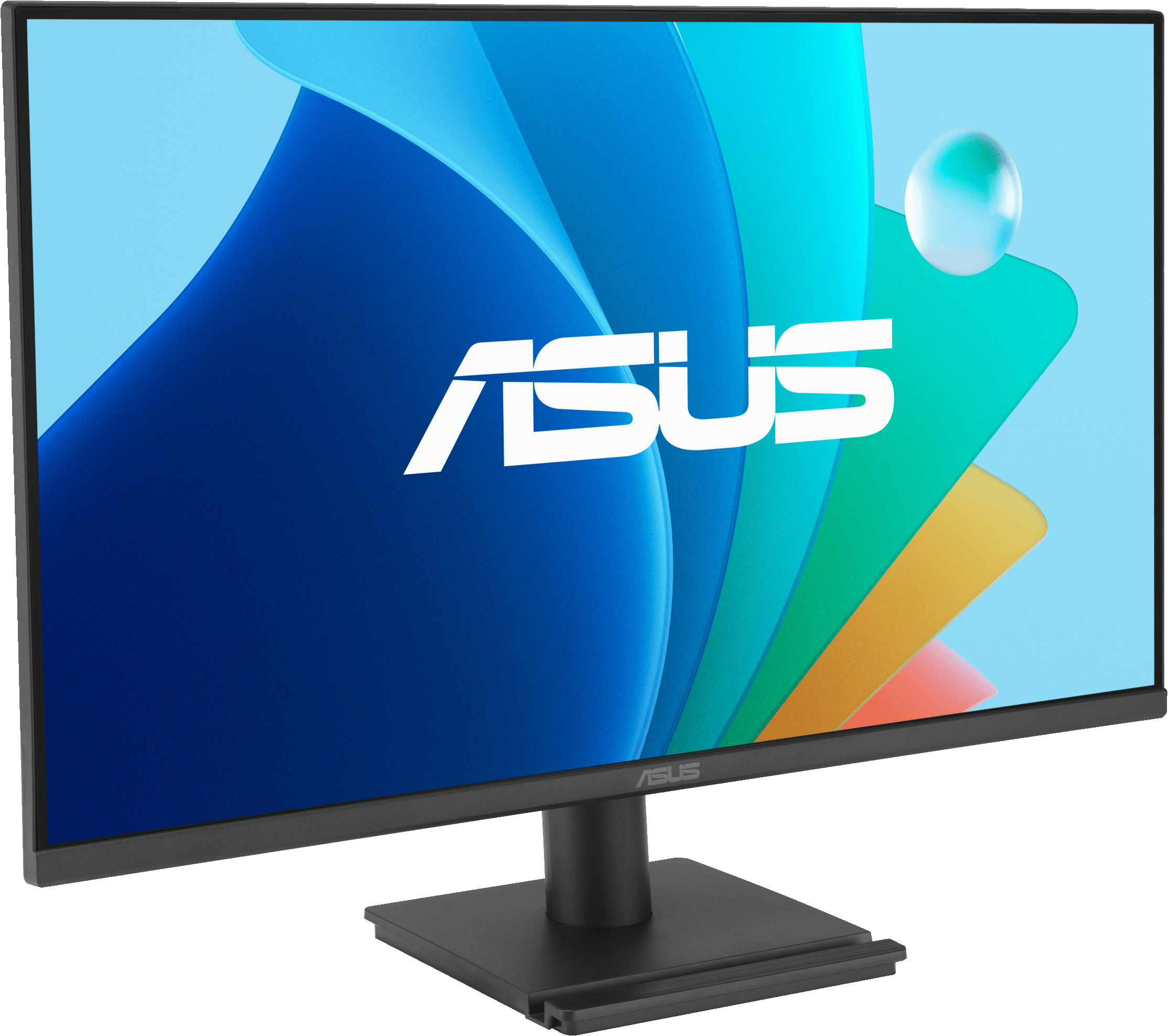 Monitor del computer, cornice nera, sfondo astratto blu e bianco, logo ASUS.