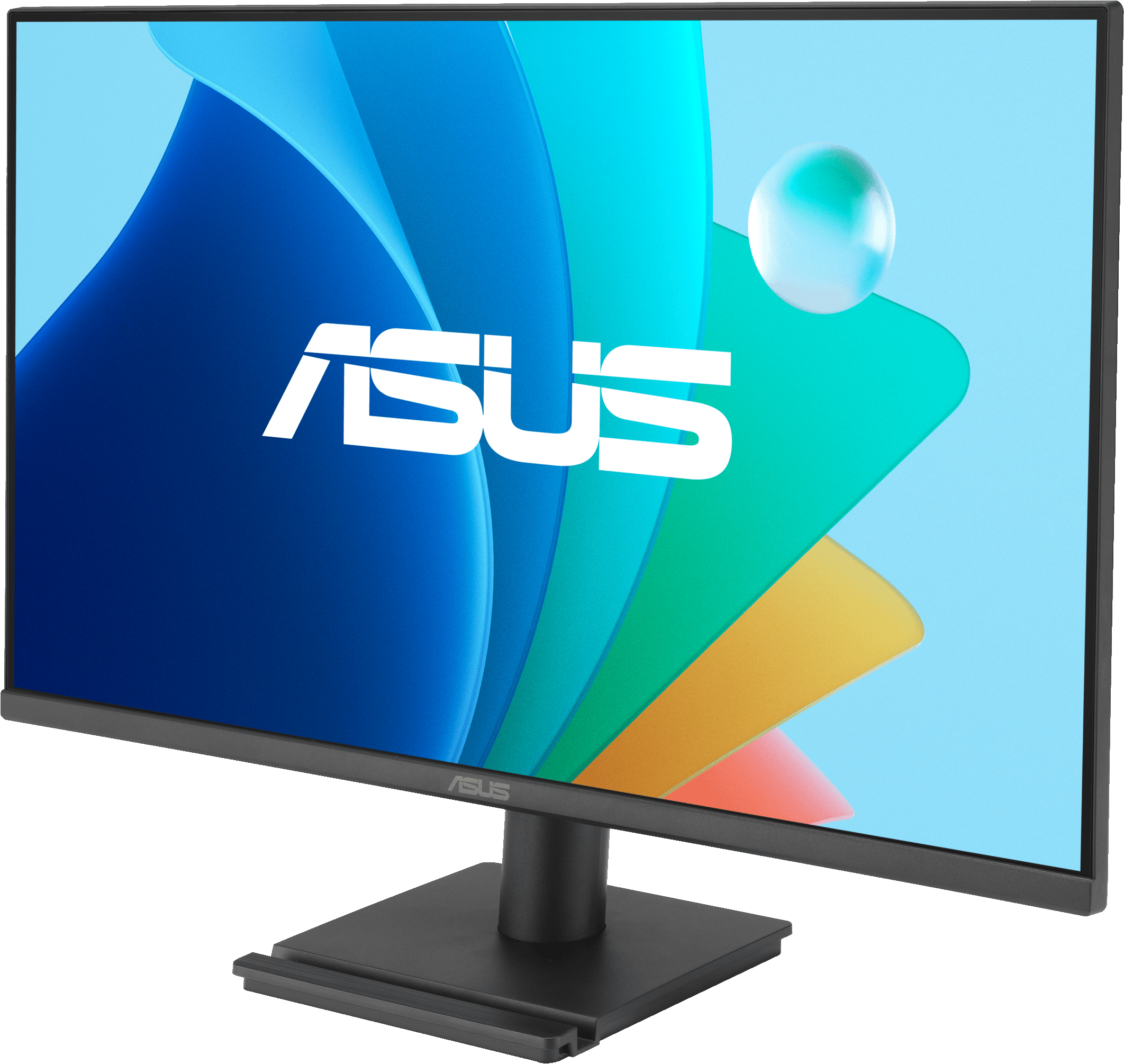 Il monitor ASUS mostra uno sfondo astratto colorato. Il monitor è nero e il logo è visibile.