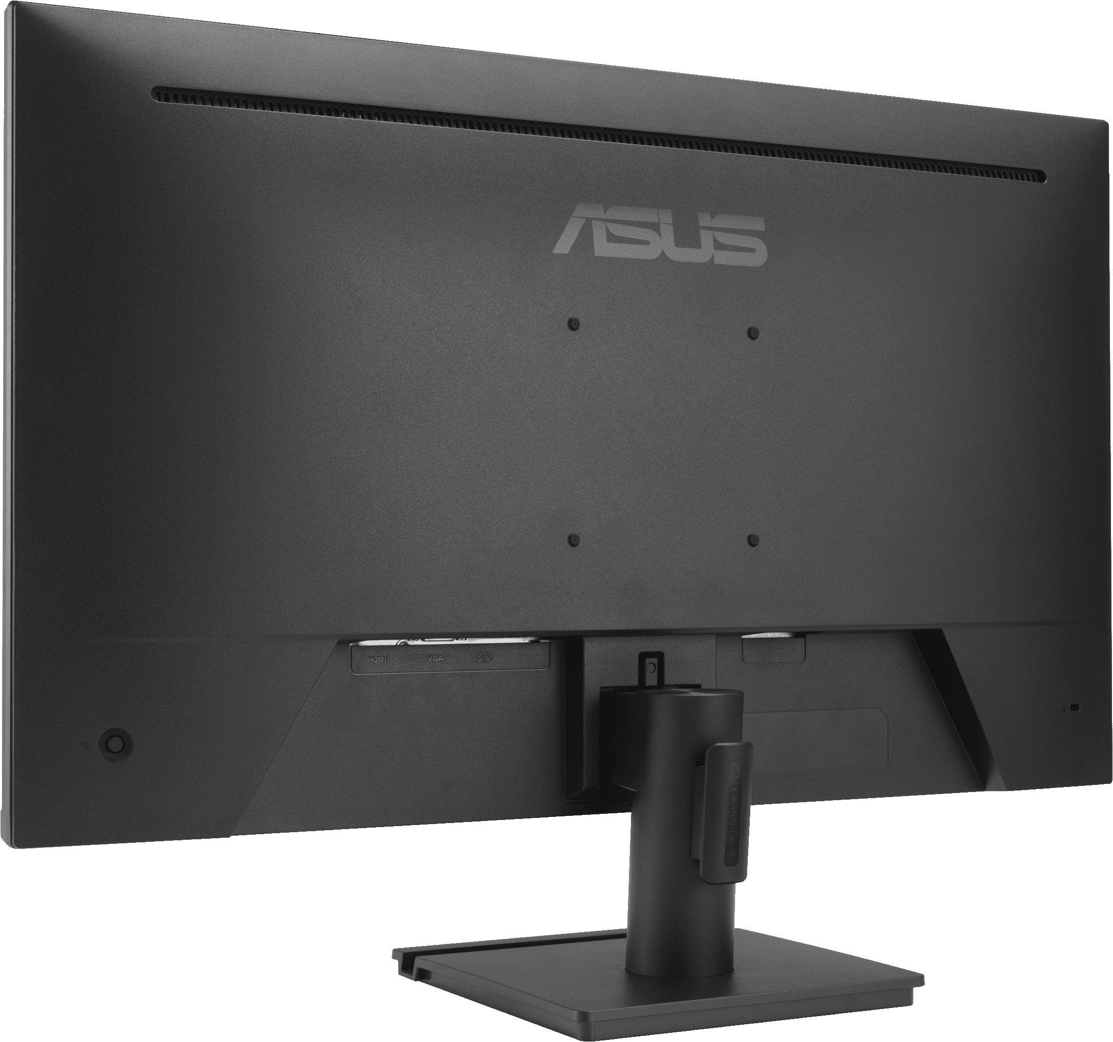 Vista posteriore di un monitor ASUS. Il retro è nero con il logo ASUS in alto. Le porte sono visibili.