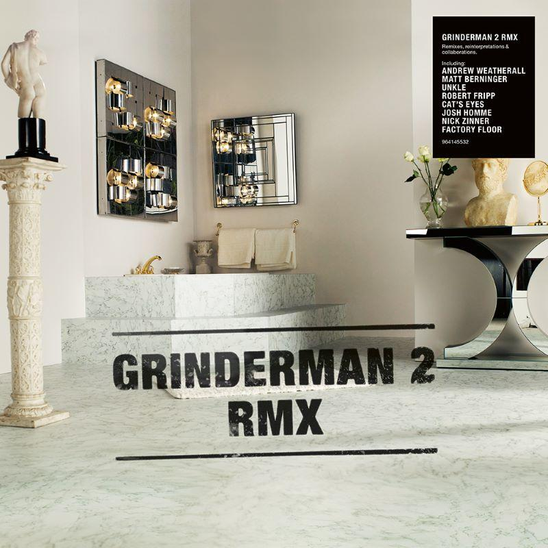 Albumhoes met marmeren decor, tekst 'Grinderman 2 RMX' en namen van artiesten.