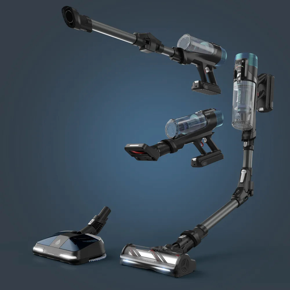 Odkurzacz w częściach. Kilka elementów na niebieskim tle.