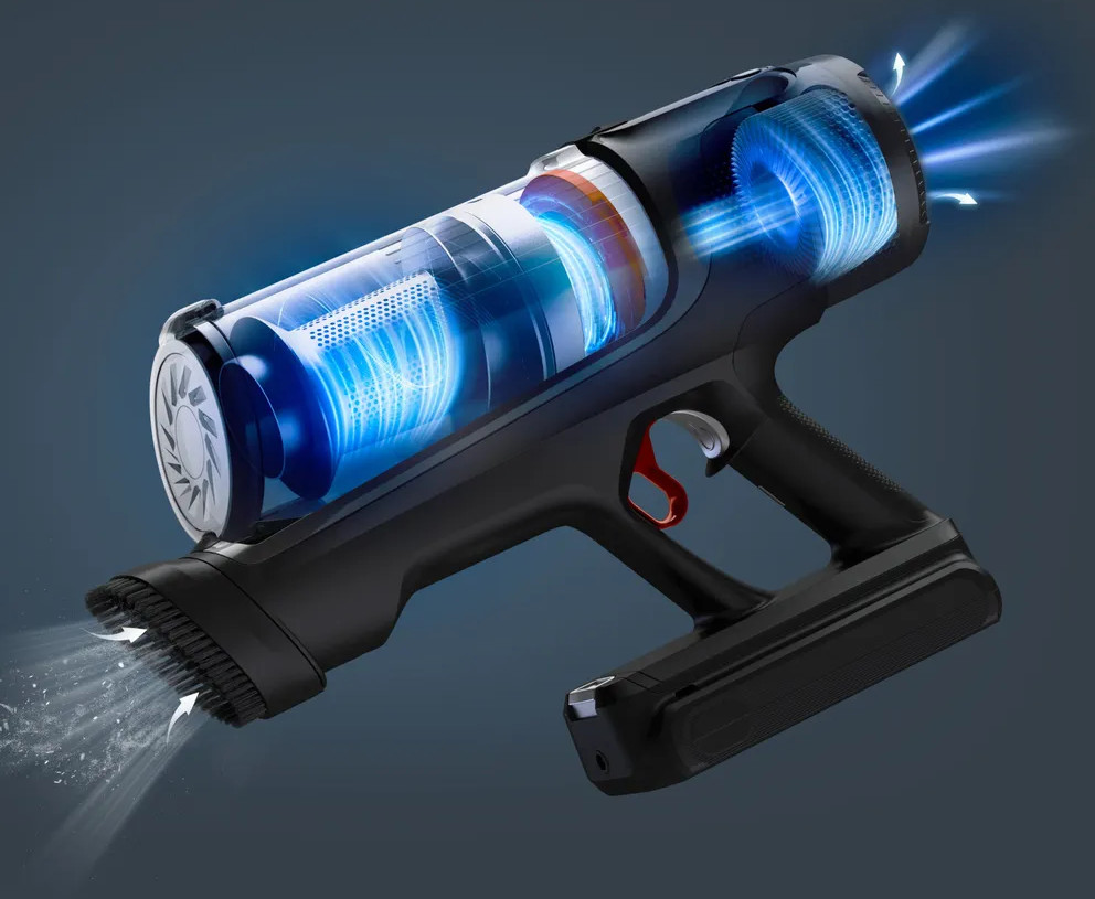 Widok przekroju poprzecznego odkurzacza bezprzewodowego, pokazujący elementy wewnętrzne i przepływ powietrza.