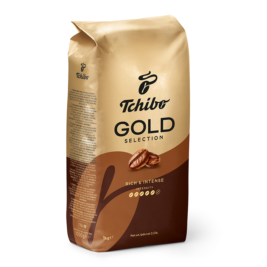 Tchibo Gold Selection kahve paketi. Kahverengi ve altın renk şeması.