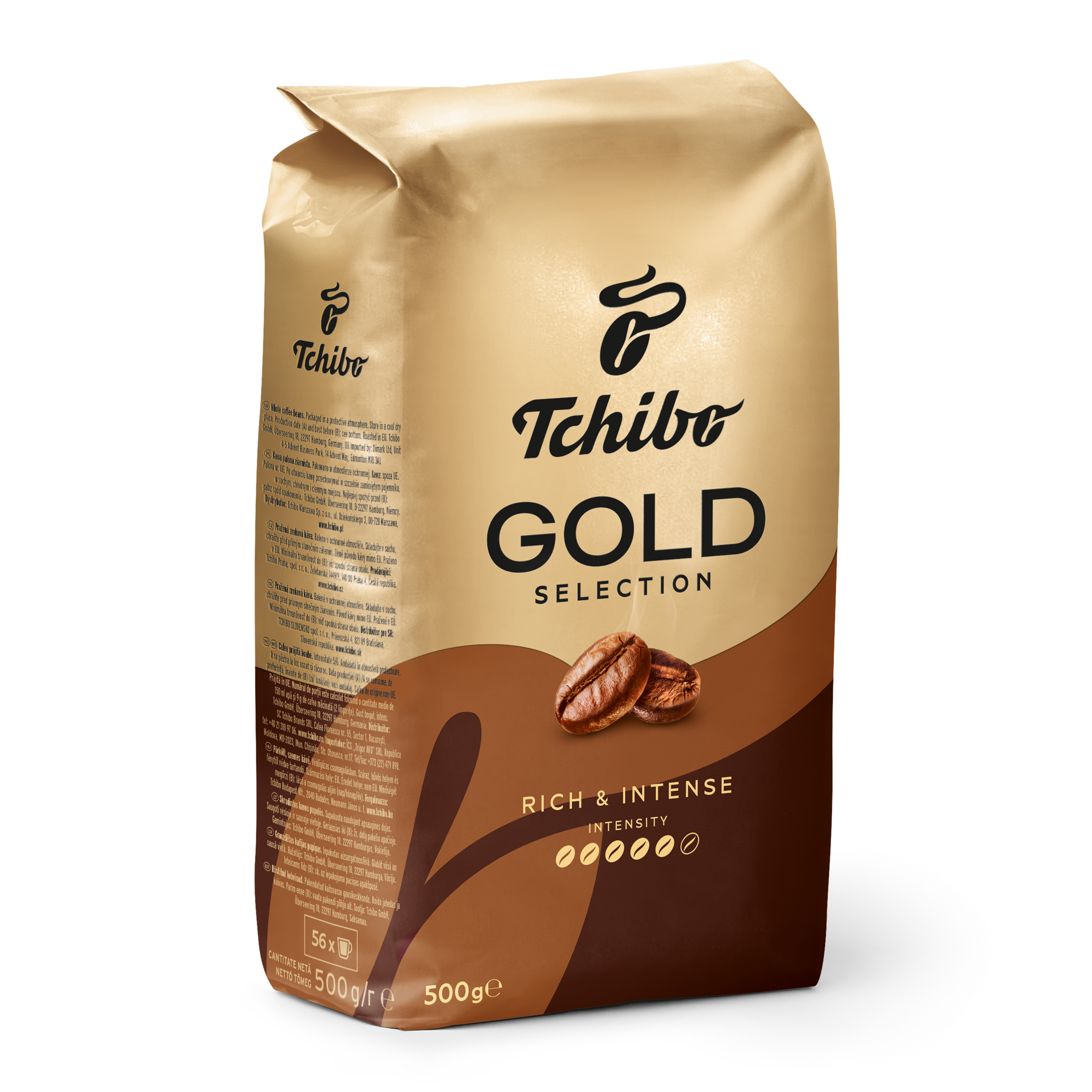 Tchibo GOLD SELECTION, RICH & INTENSE yazılı kahve paketi ve kahve çekirdekleri.