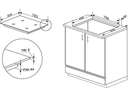 Schemat szafki kuchennej z wymiarami.
