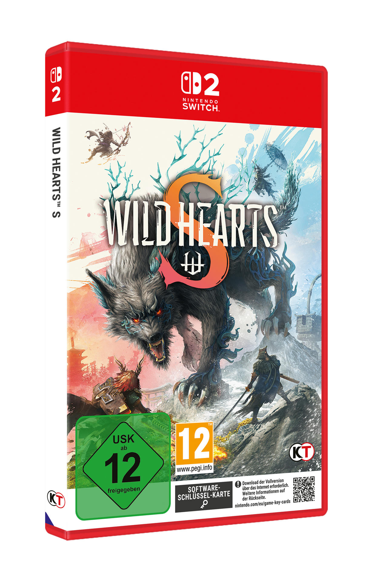 Spielbox-Art für "Wild Hearts", ein Nintendo Switch-Spiel. Zeigt ein wolfsähnliches Wesen und einen Jäger.