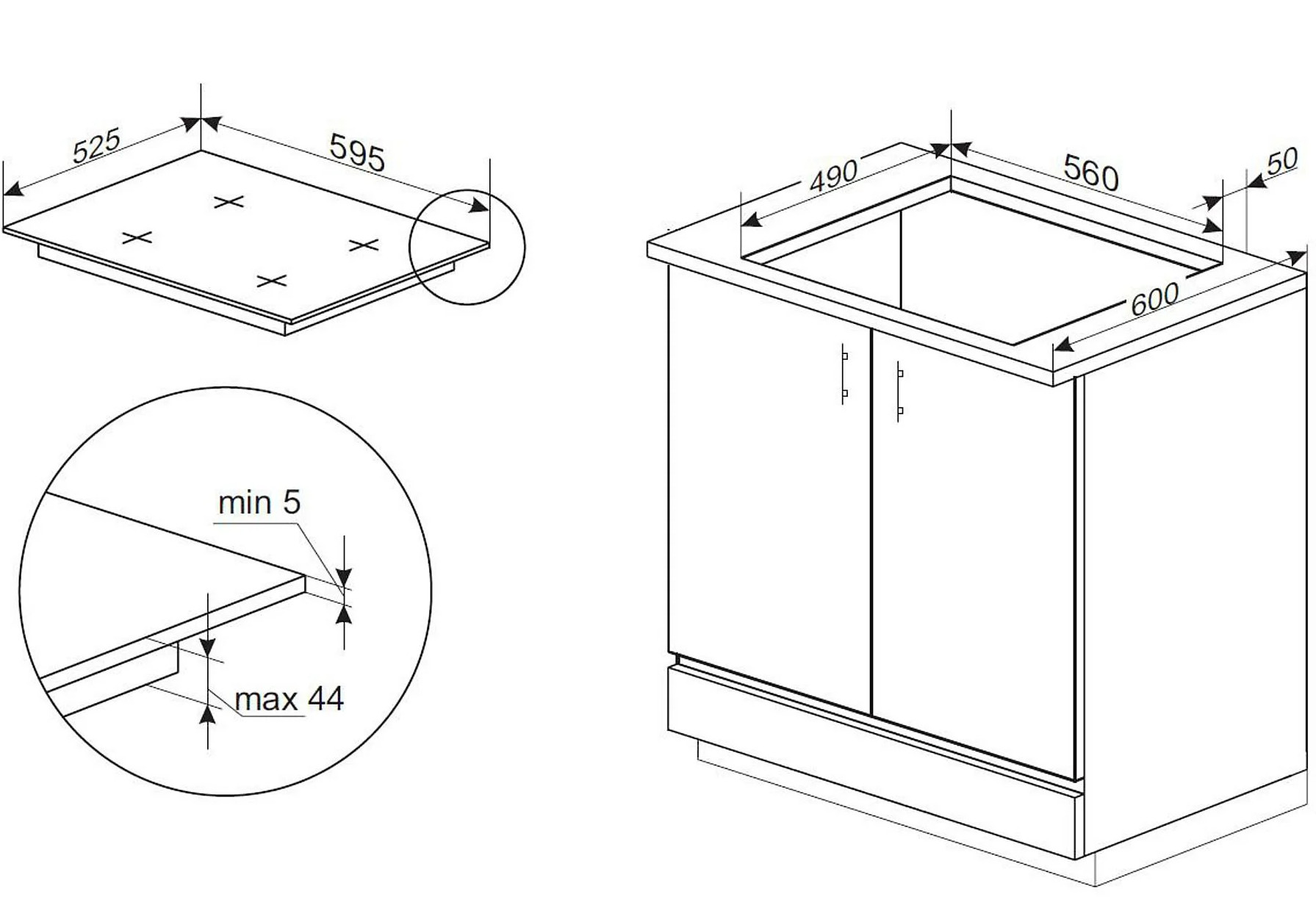 Schemat urządzenia kuchennego z wymiarami w milimetrach.