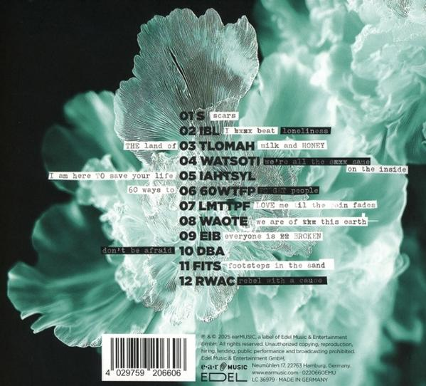 Albumcover mit Songtiteln und floralem Design auf türkisfarbenem Hintergrund.
