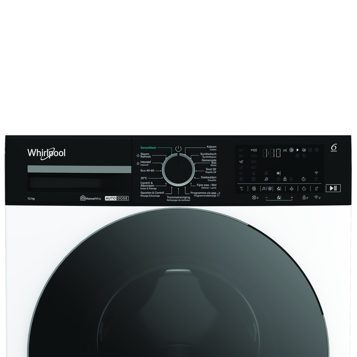 Panneau de commande de lave-linge Whirlpool. Panneau blanc avec porte noire. Nombreux boutons et réglages.
