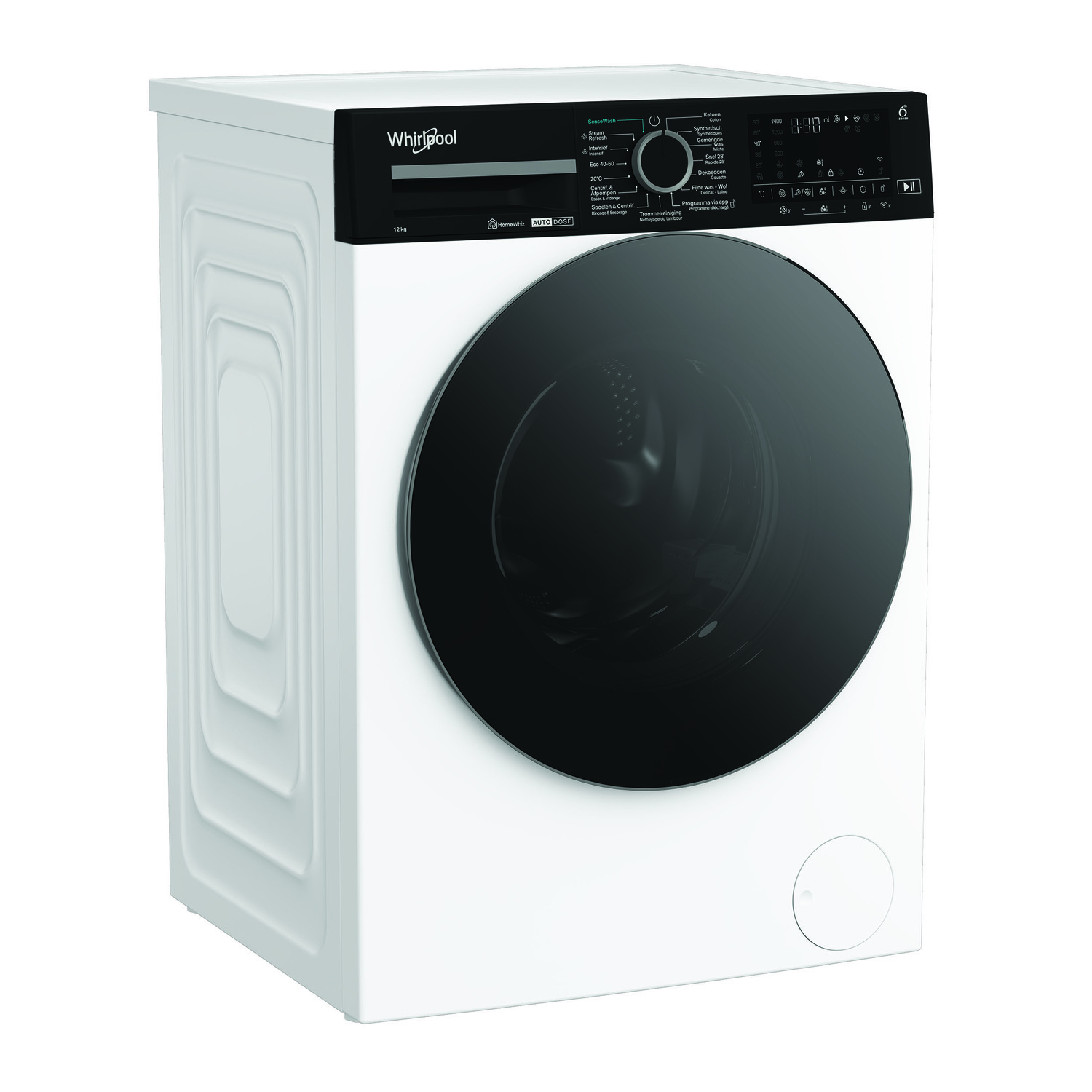 Lave-linge Whirlpool blanc, vue en angle. Porte noire fermée.