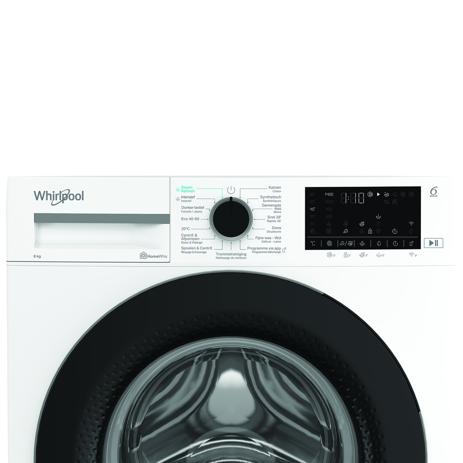 Panneau de commande de lave-linge blanc avec bord noir. Affichage et boutons visibles.