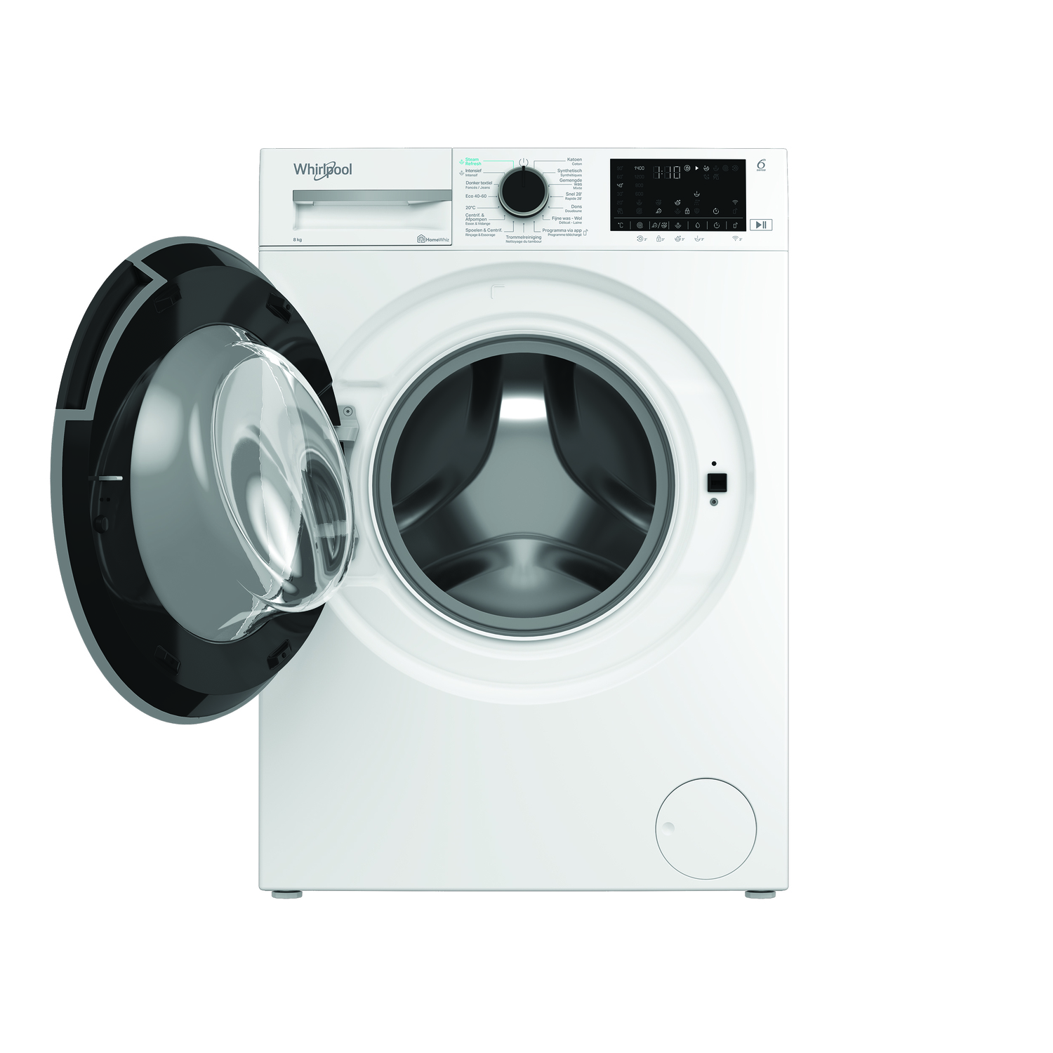 Lave-linge blanc avec porte ouverte. Le panneau de contrôle est en haut.