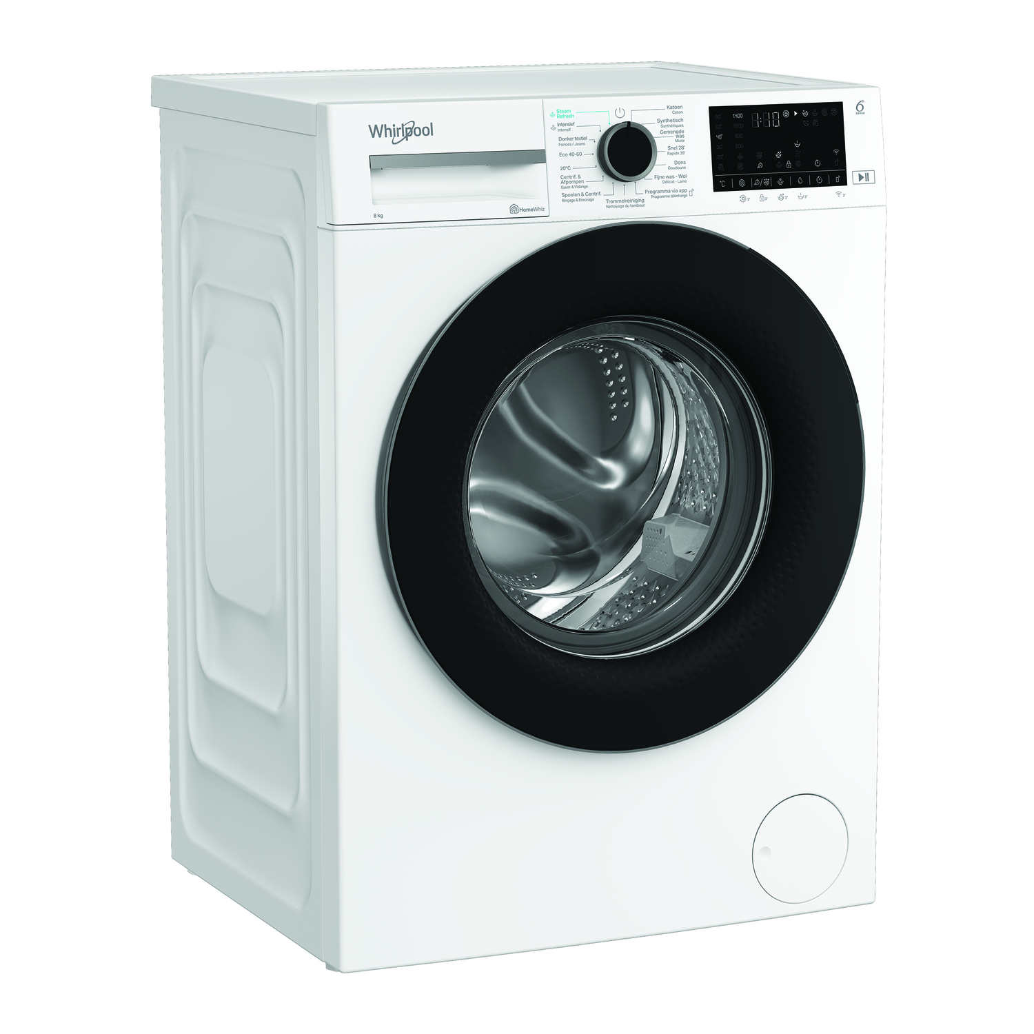 Lave-linge Whirlpool blanc, vue en angle. Porte noire fermée.