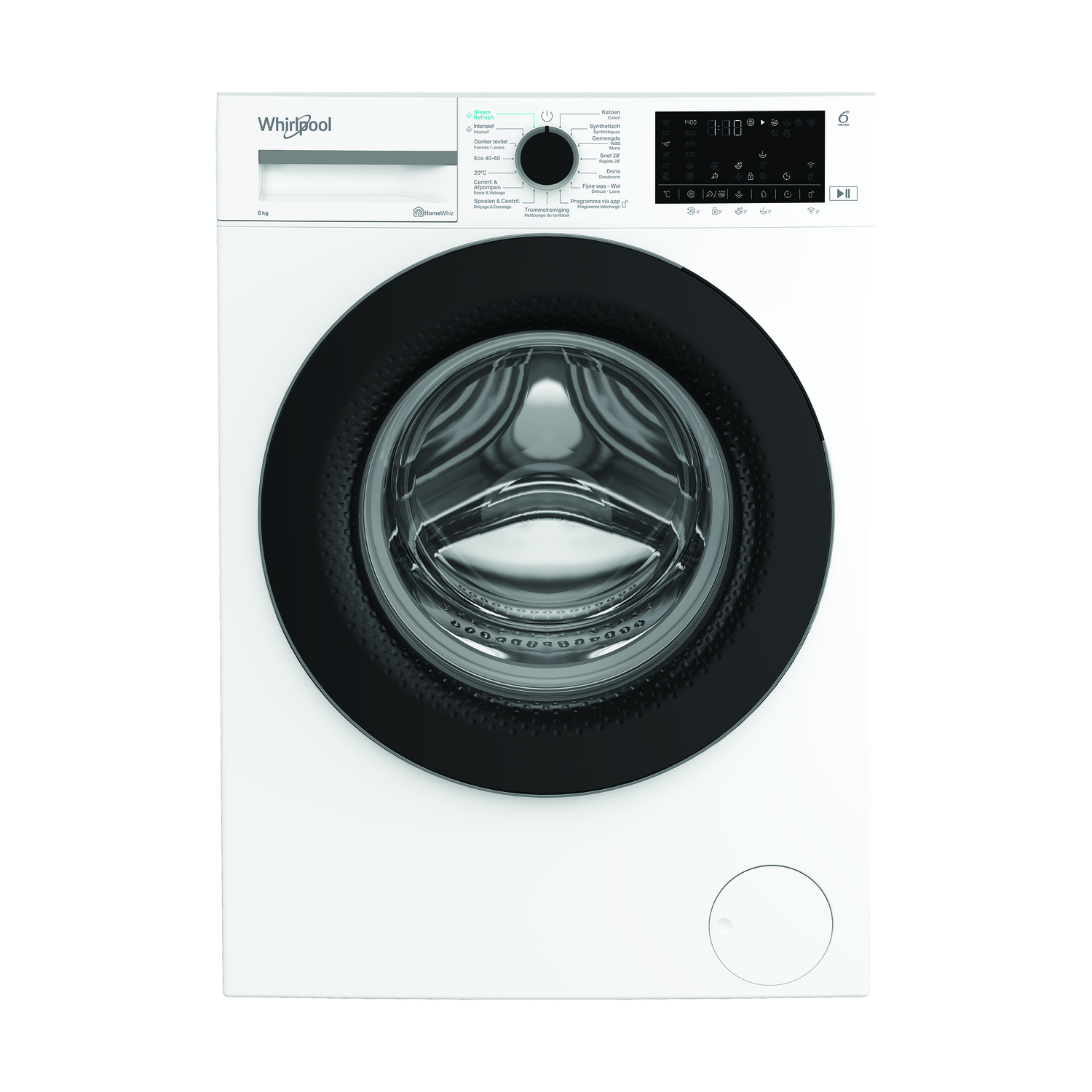 Un lave-linge Whirlpool blanc avec une porte et un panneau de commande noirs et un affichage numérique.