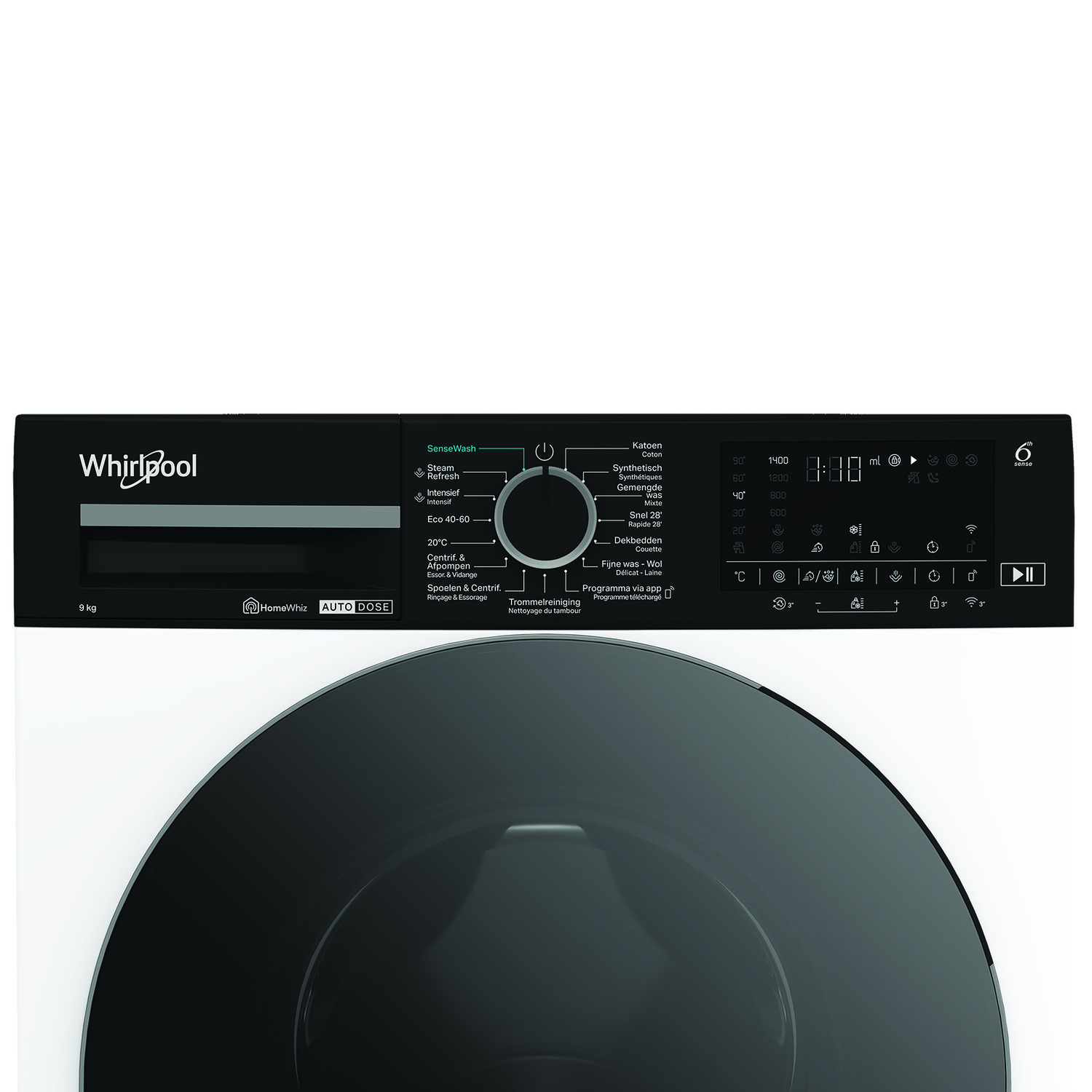 Black and white washing machine control panel with multiple buttons and options.
