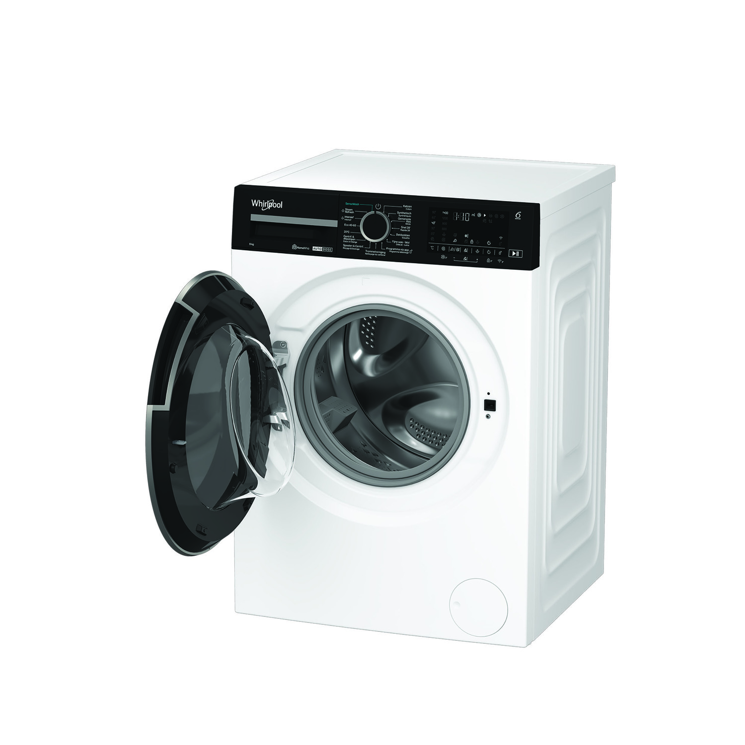 White Whirlpool washing machine with open door, showing the interior drum and control panel.