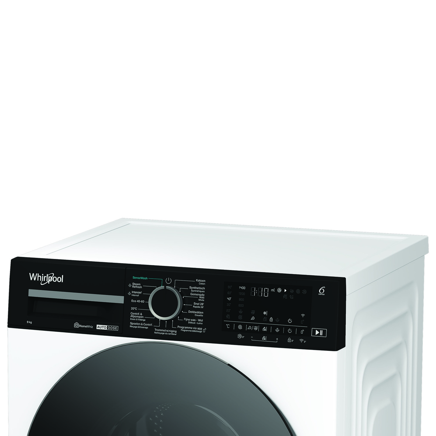 A white washing machine control panel with a black display and buttons.