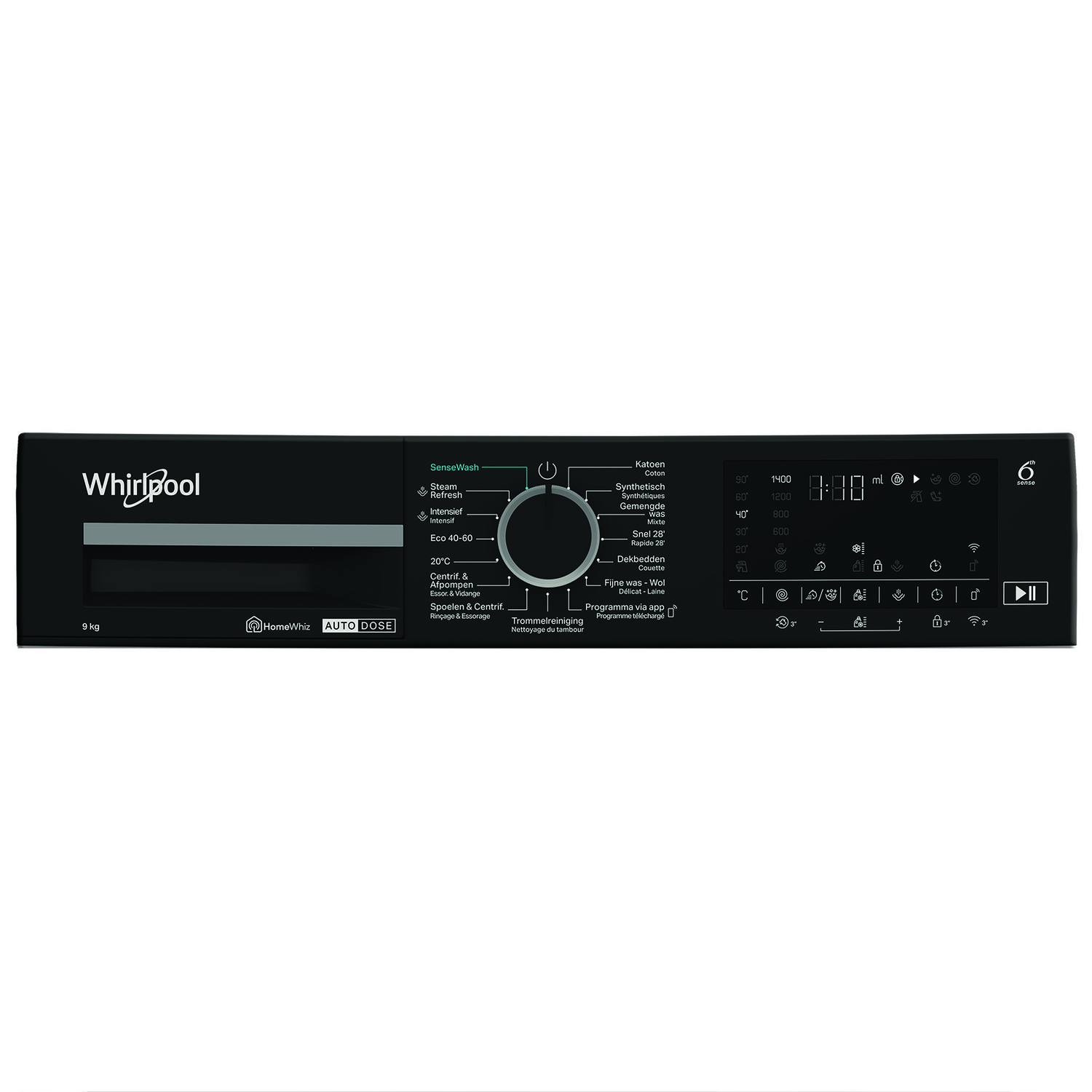 Whirlpool washing machine control panel. Black panel with a black door. Many buttons and settings.