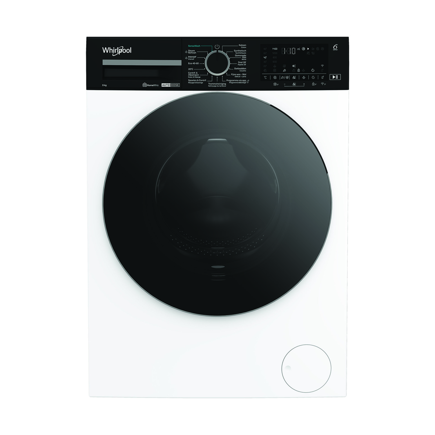 White washing machine with a black door and control panel. The panel has a dial and buttons. Whirlpool logo.