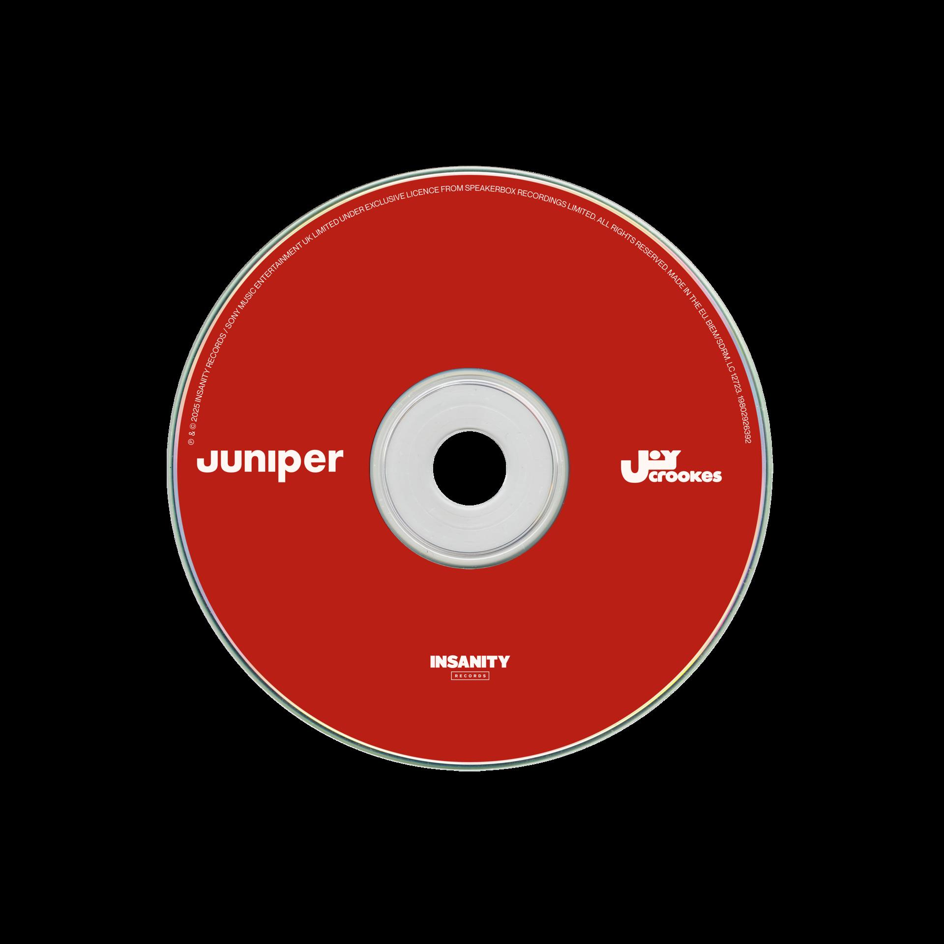 Eine rote CD mit dem Wort "Juniper" und dem Namen des Künstlers. Auf dem Label steht Insanity Records.