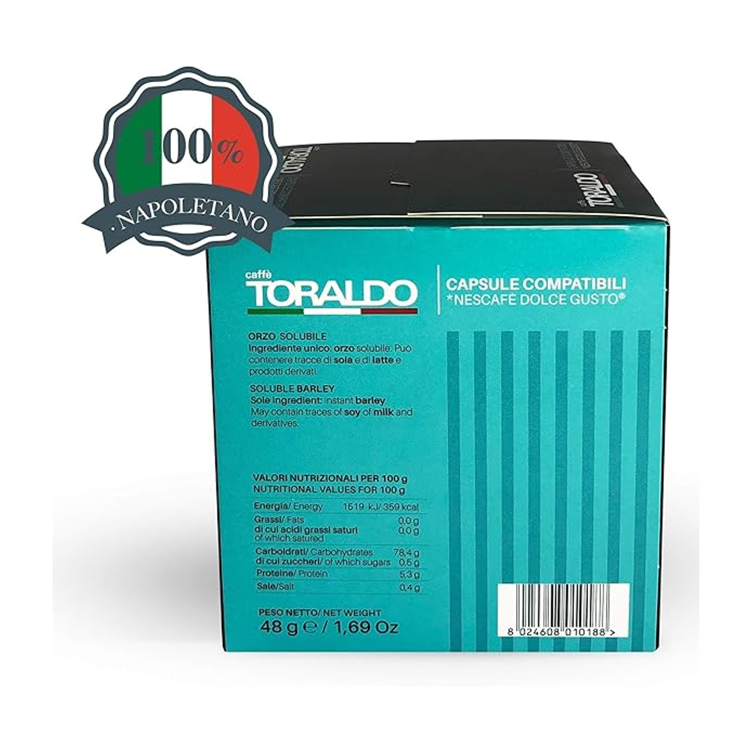 Scatola di capsule di caffè. Ha un'etichetta verde con un logo e informazioni nutrizionali.