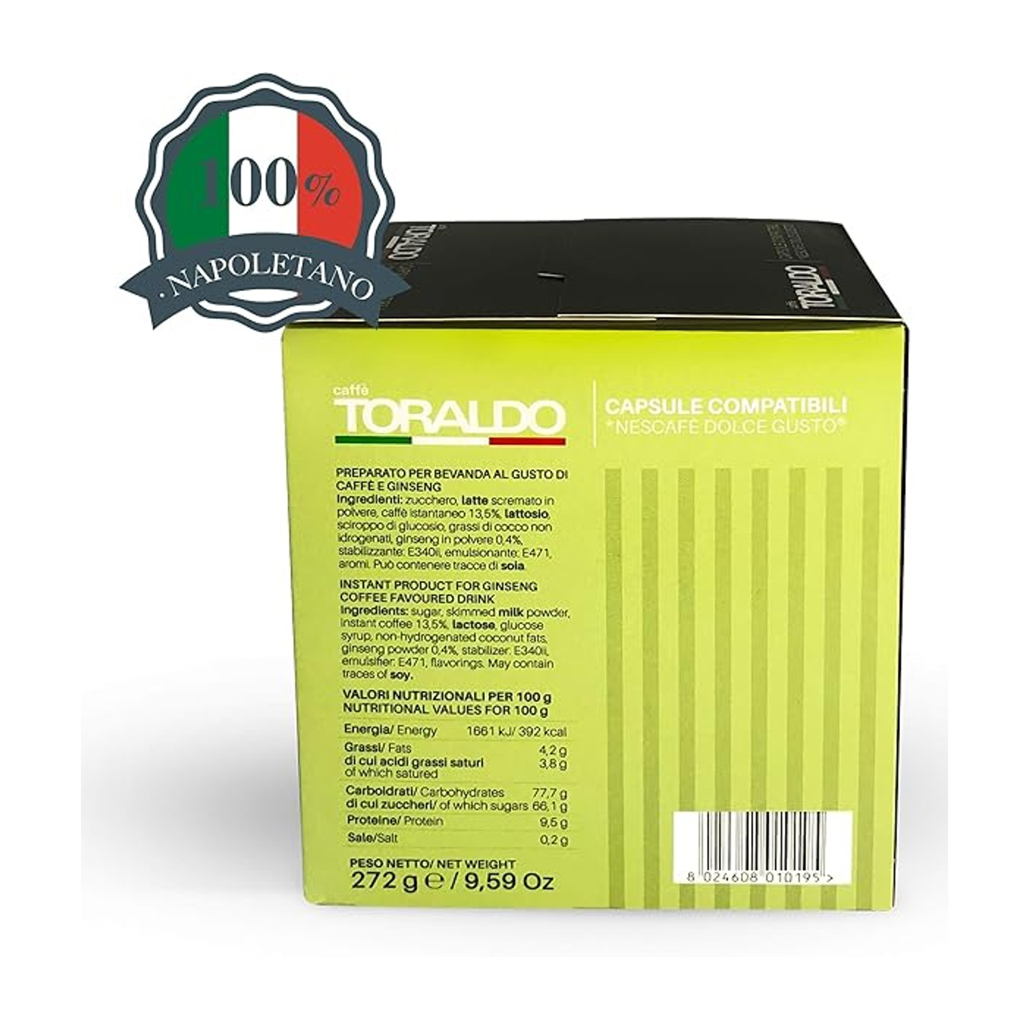 Una scatola di caffè verde e gialla con testo e informazioni nutrizionali.