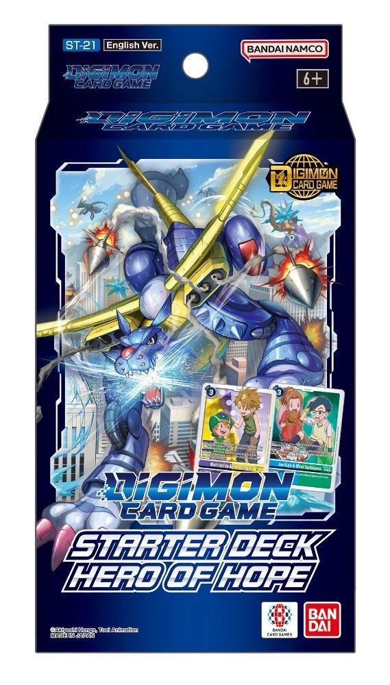 Digimon-Kartenspielbox mit blauem Hintergrund und einem Digimon-Charakter vorne.