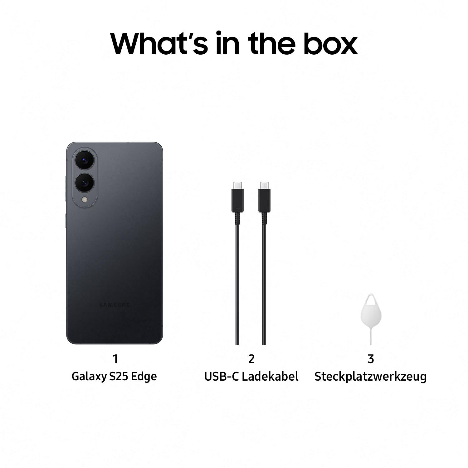 Boxinhalt: Samsung Galaxy S25 Edge, USB-C-Kabel und SIM-Kartentool. Weißer Hintergrund.