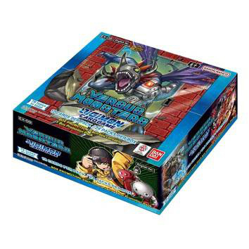 Digimon Versus Monster Kartenspiel-Box, die Charaktere und einen Hintergrund aus Backstein zeigt.