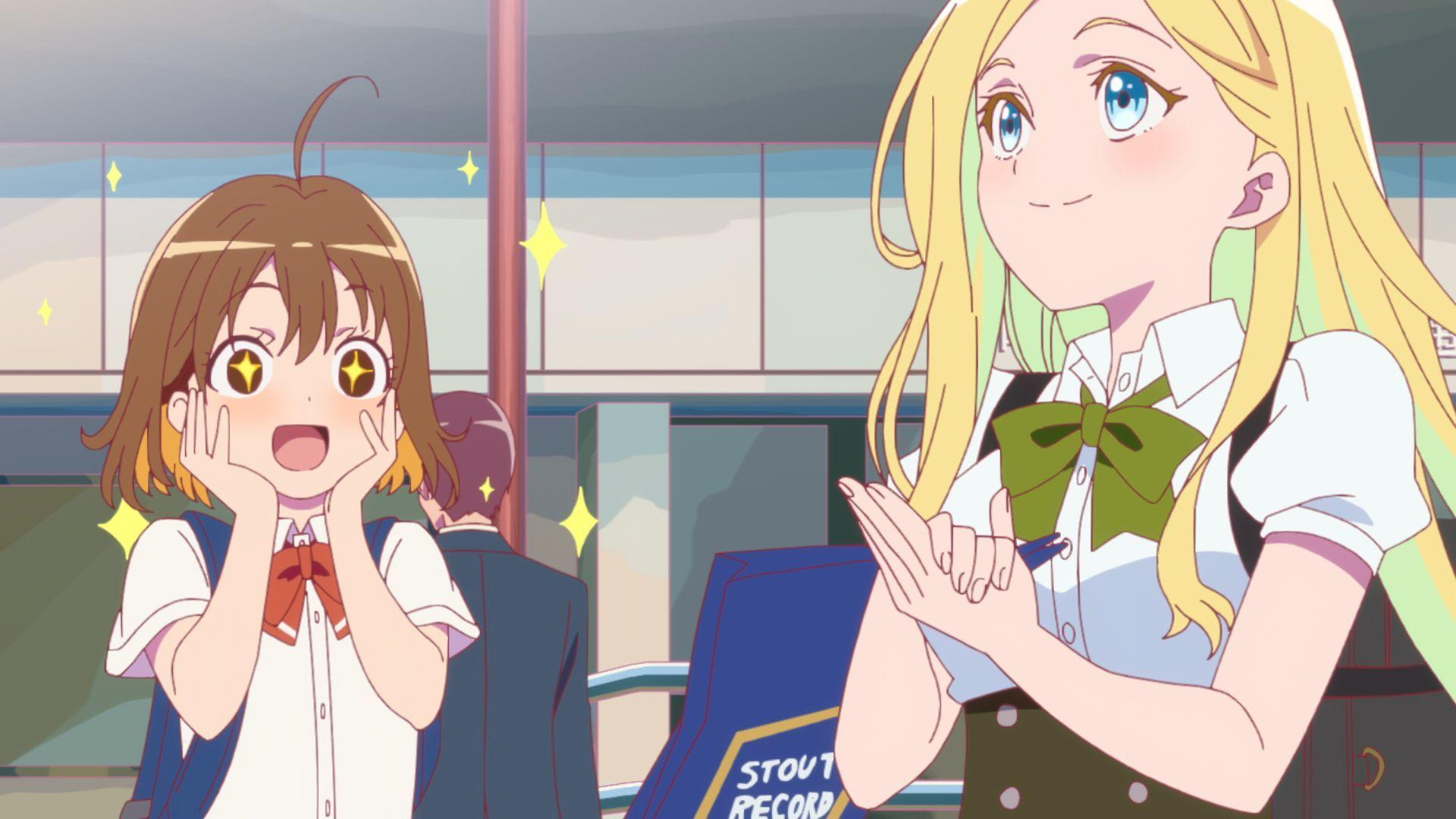 Zwei Anime-Mädchen aufgeregt, eins mit braunen Haaren, das andere blond mit grünen Strähnen.