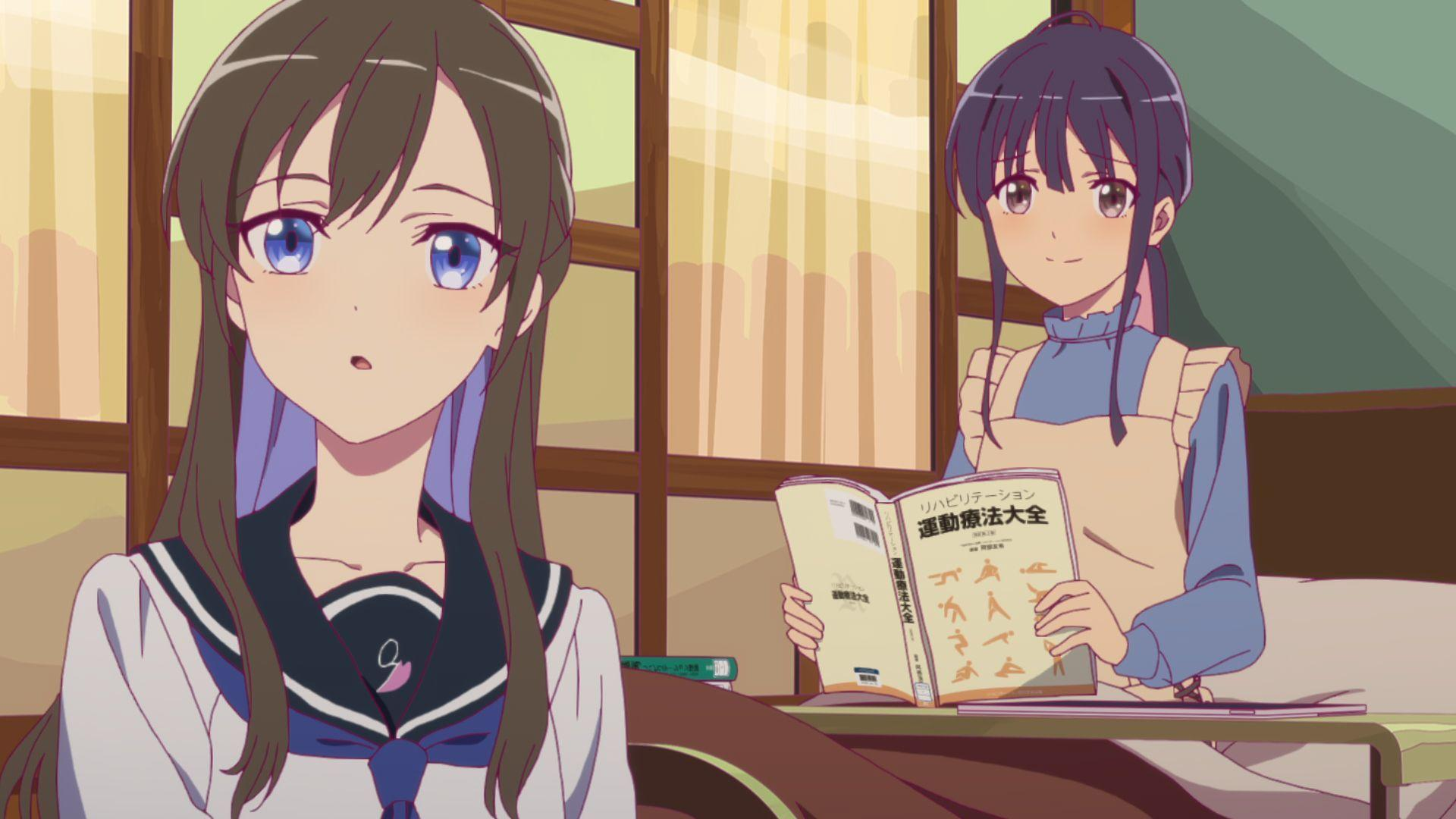 Anime-Mädchen in einem Raum, eines liest, das andere schaut den Betrachter an.