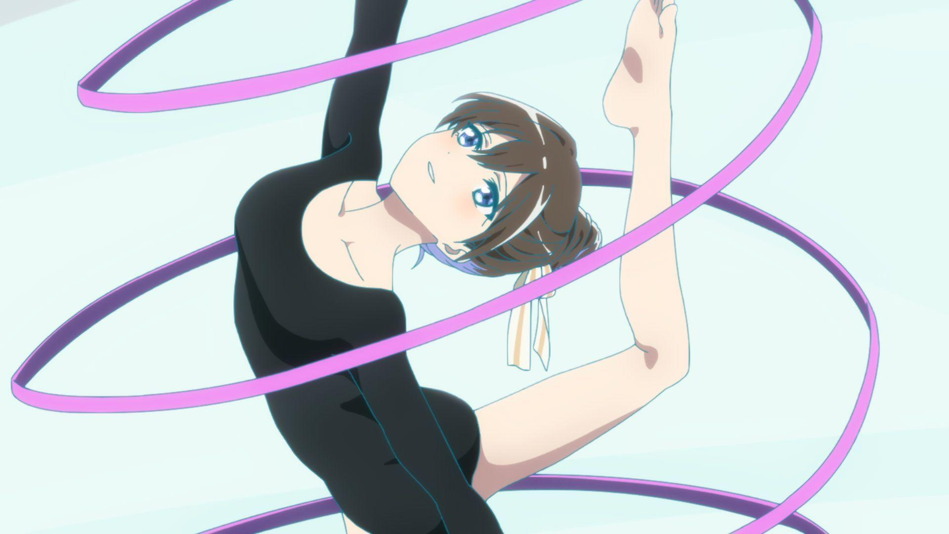 Anime-Mädchen, das rhythmische Gymnastik macht, mit einem schwarzen Trikot und einem rosa Band.
