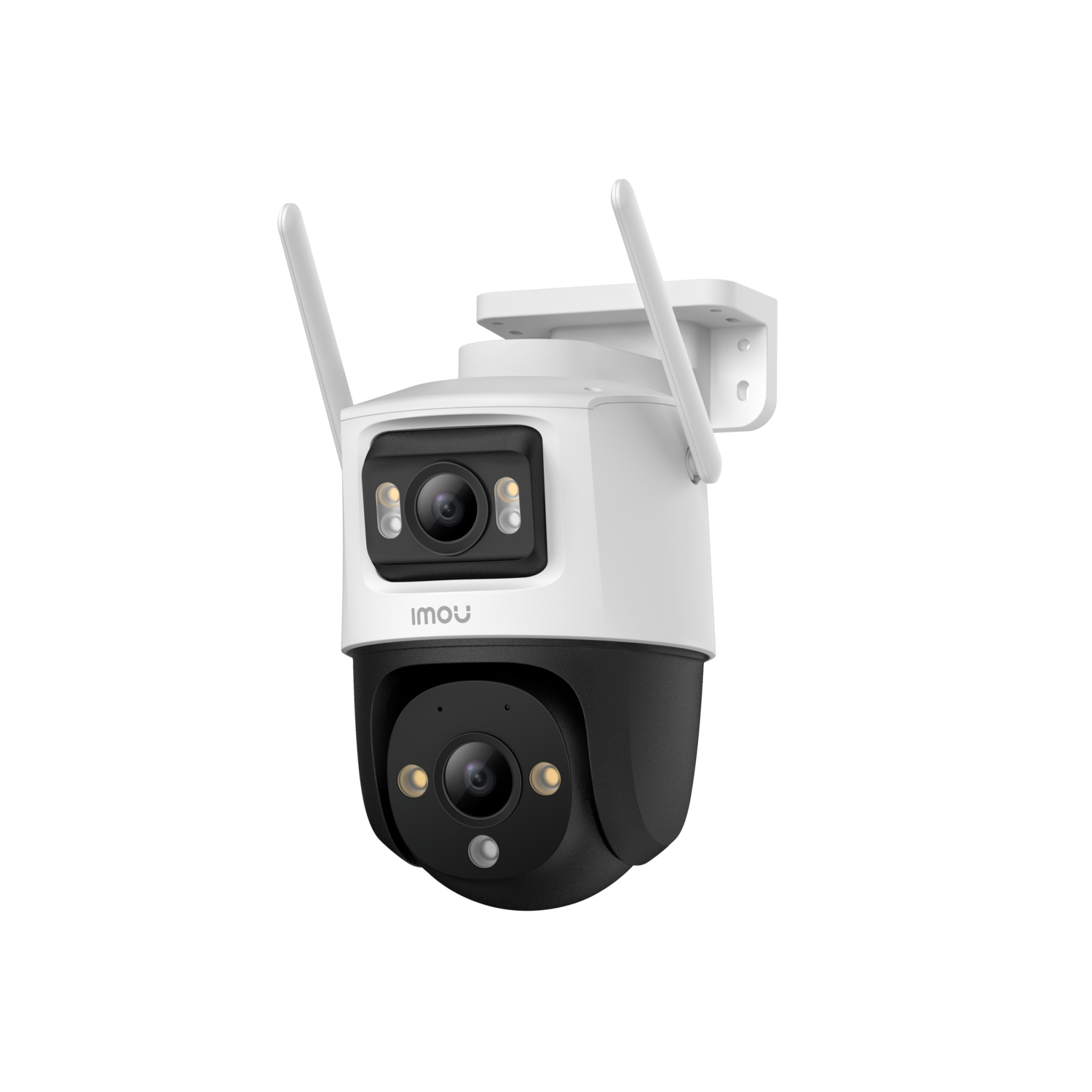 A white and black security camera with two antennas on a black background.