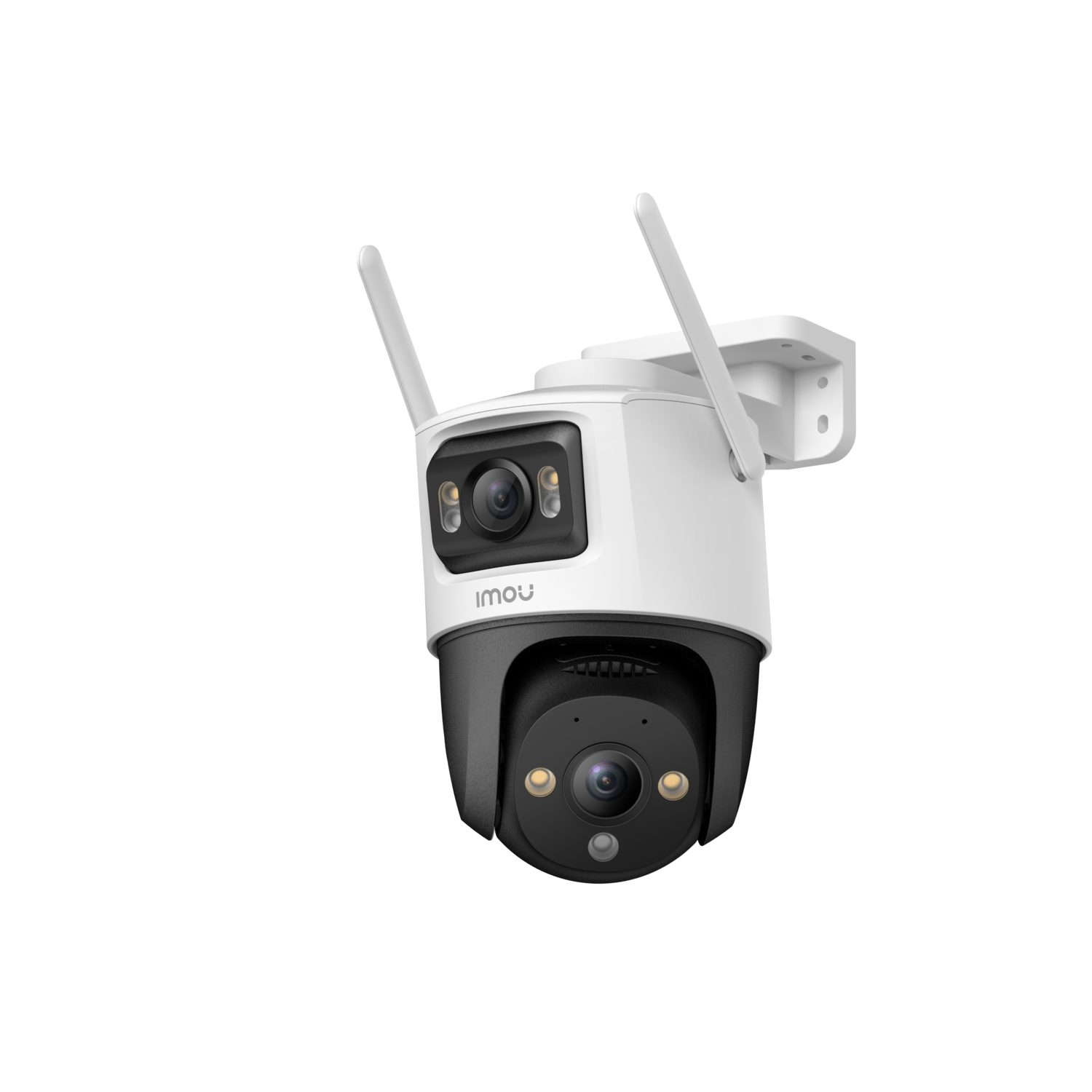 White and black security camera with two antennas on a black background. The camera has two lenses.