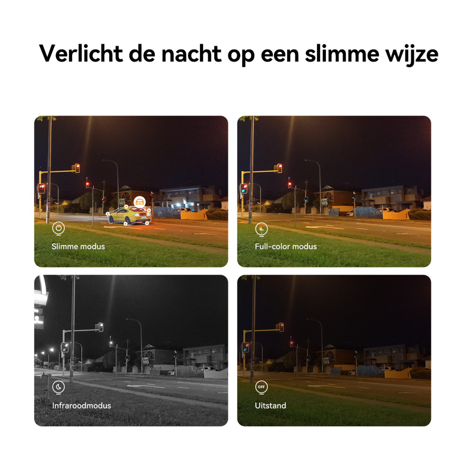 Four images showing different night vision modes of a security camera. The scenes include traffic lights.