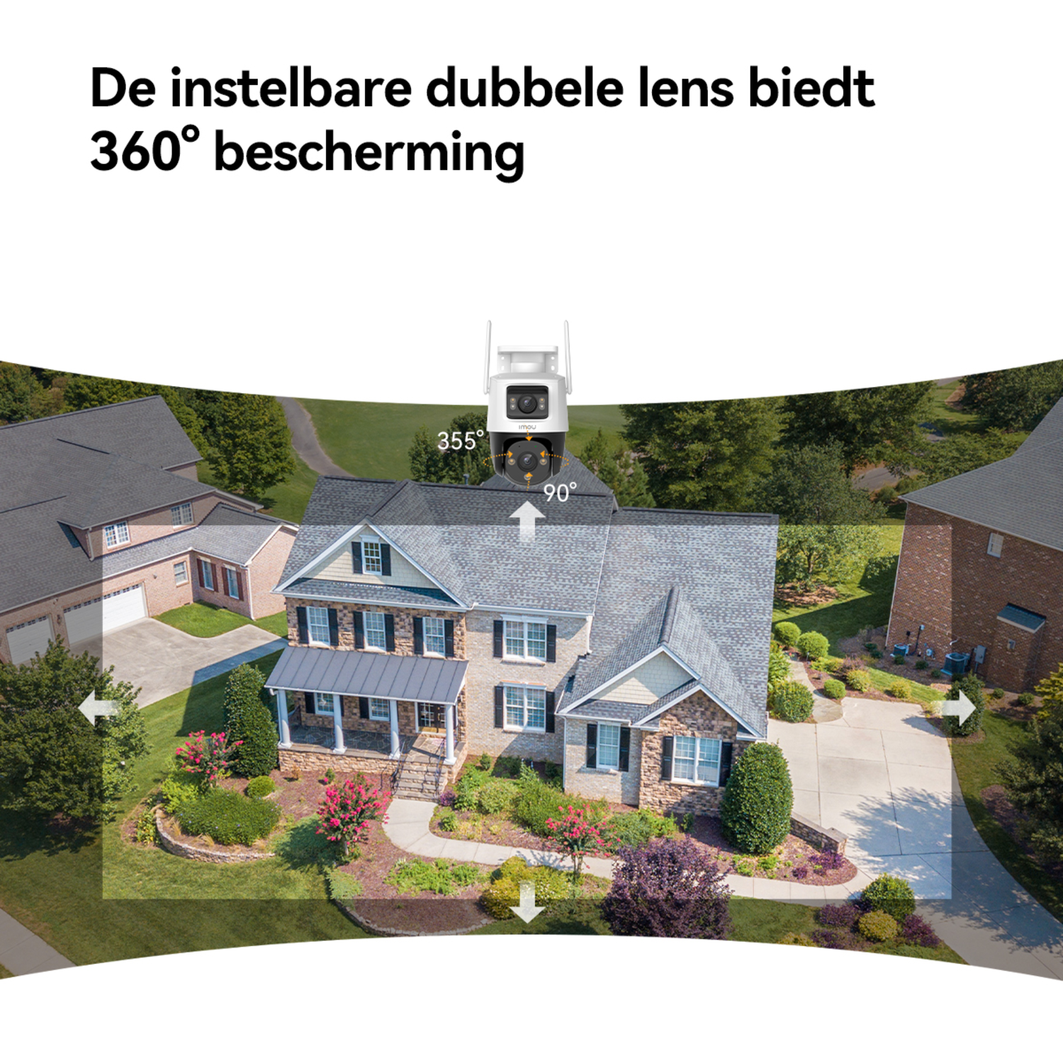 A camera shows a house and its surroundings. The camera is showing the 360 degree protection.