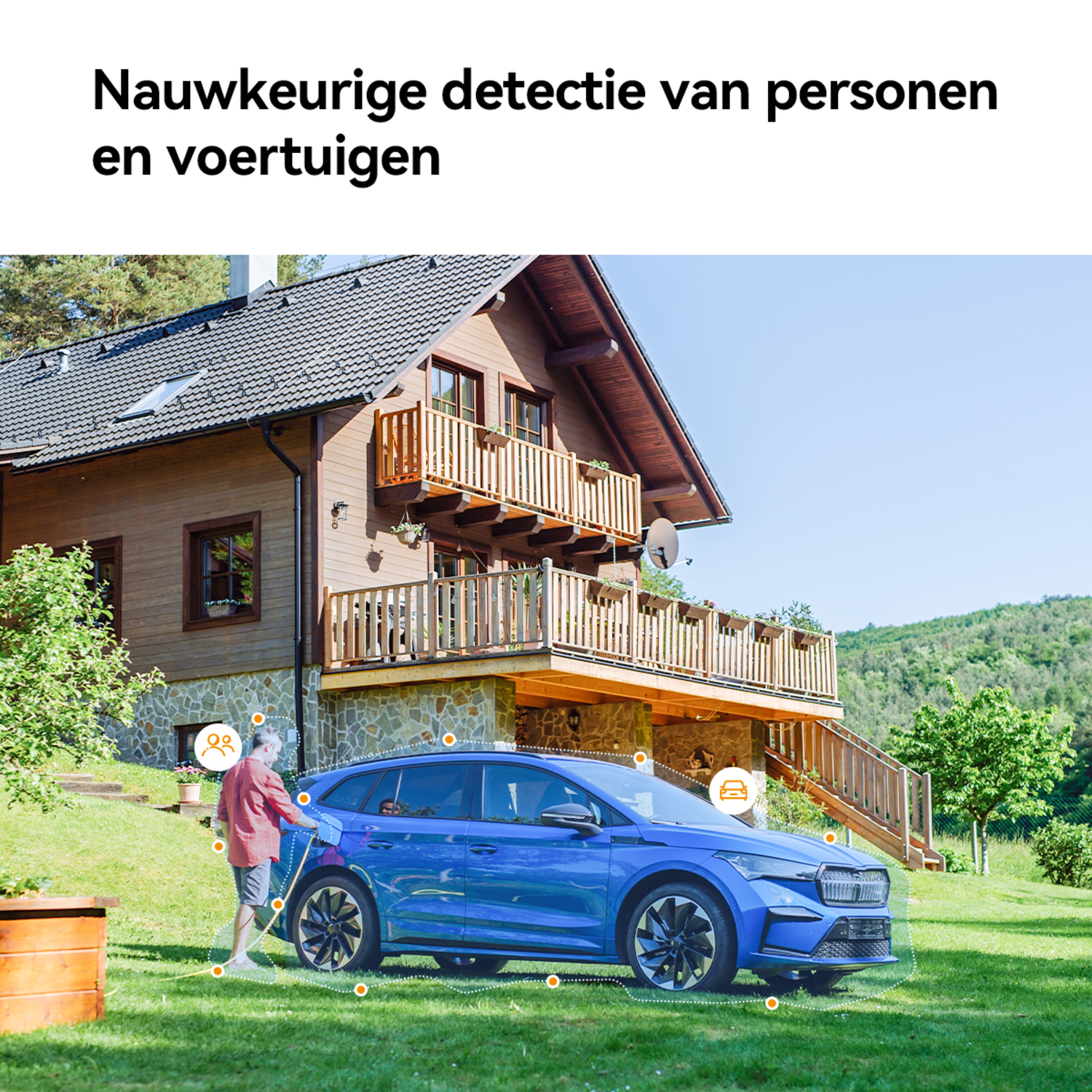 A man is by a blue car in front of a house. The camera is showing the car detection.