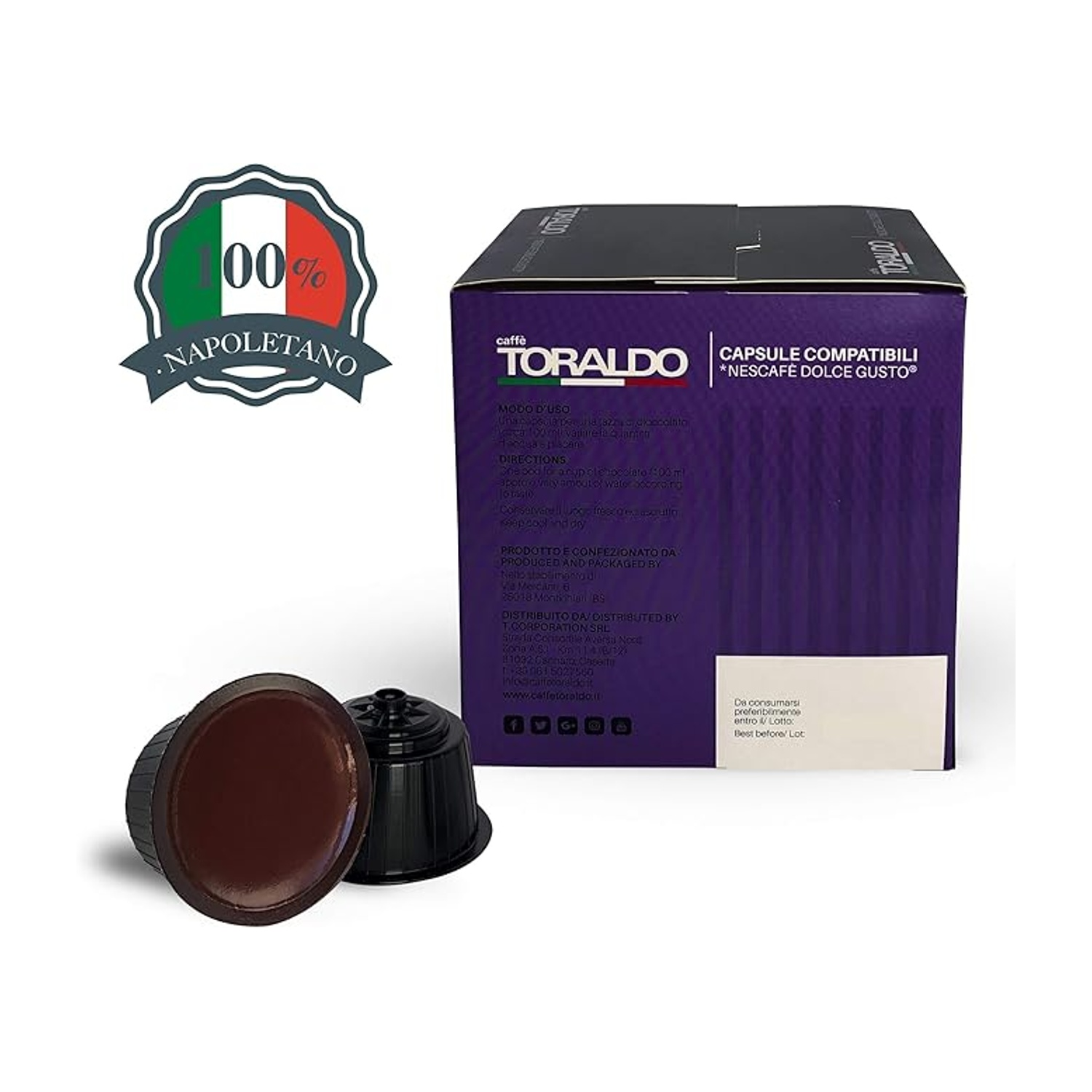 Capsule di caffè e scatola. Capsule nere. Scatola con testo e logo. Sfondo bianco.
