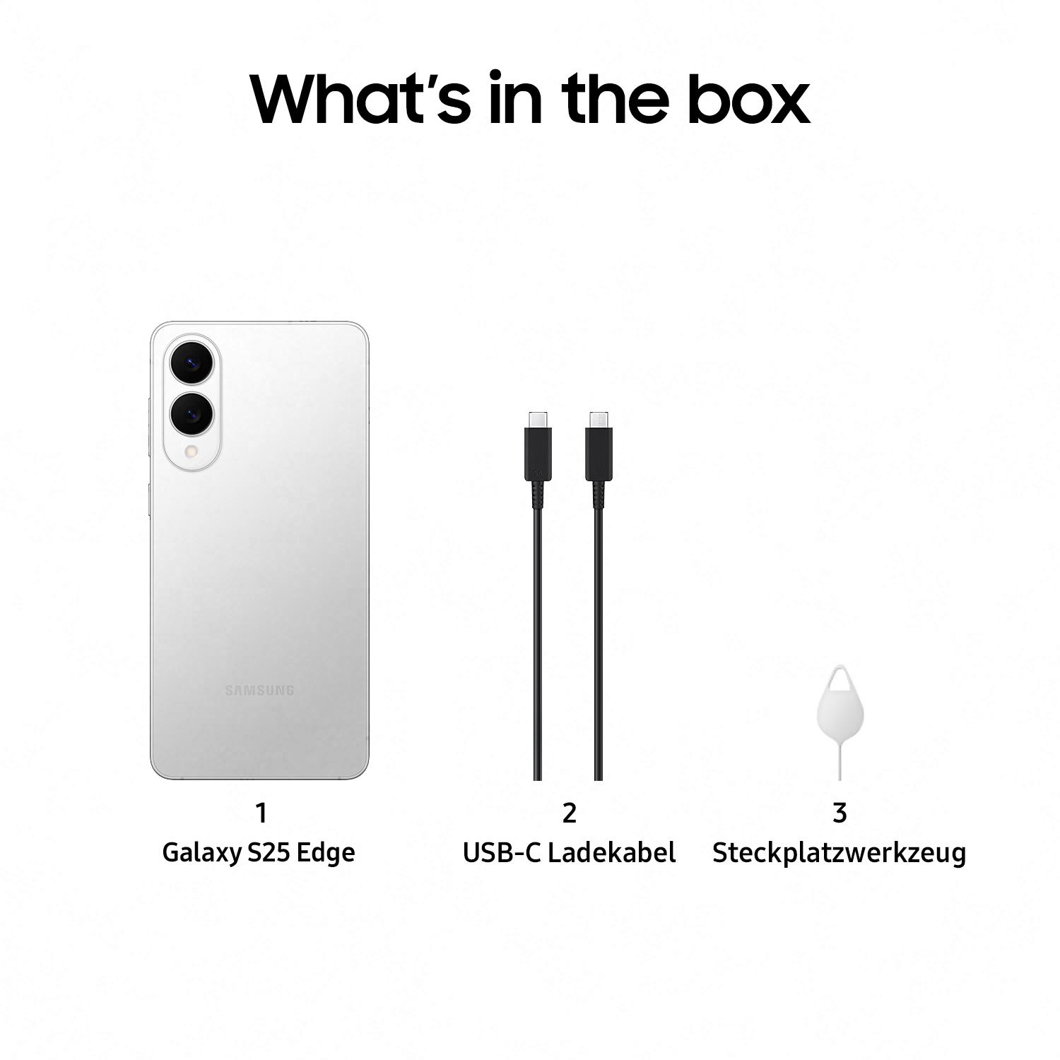 Weißes Telefon, zwei Kabel und SIM-Karten-Tool.