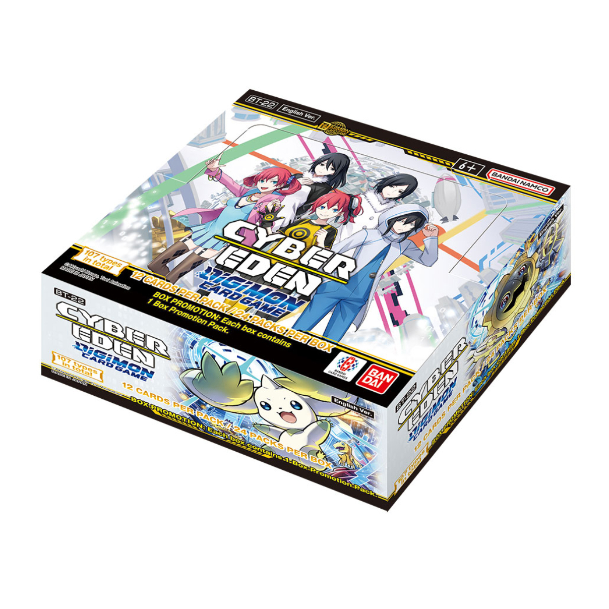 Eine Schachtel des Cyber Eden Digimon-Kartenspiels mit Charakteren und Text.