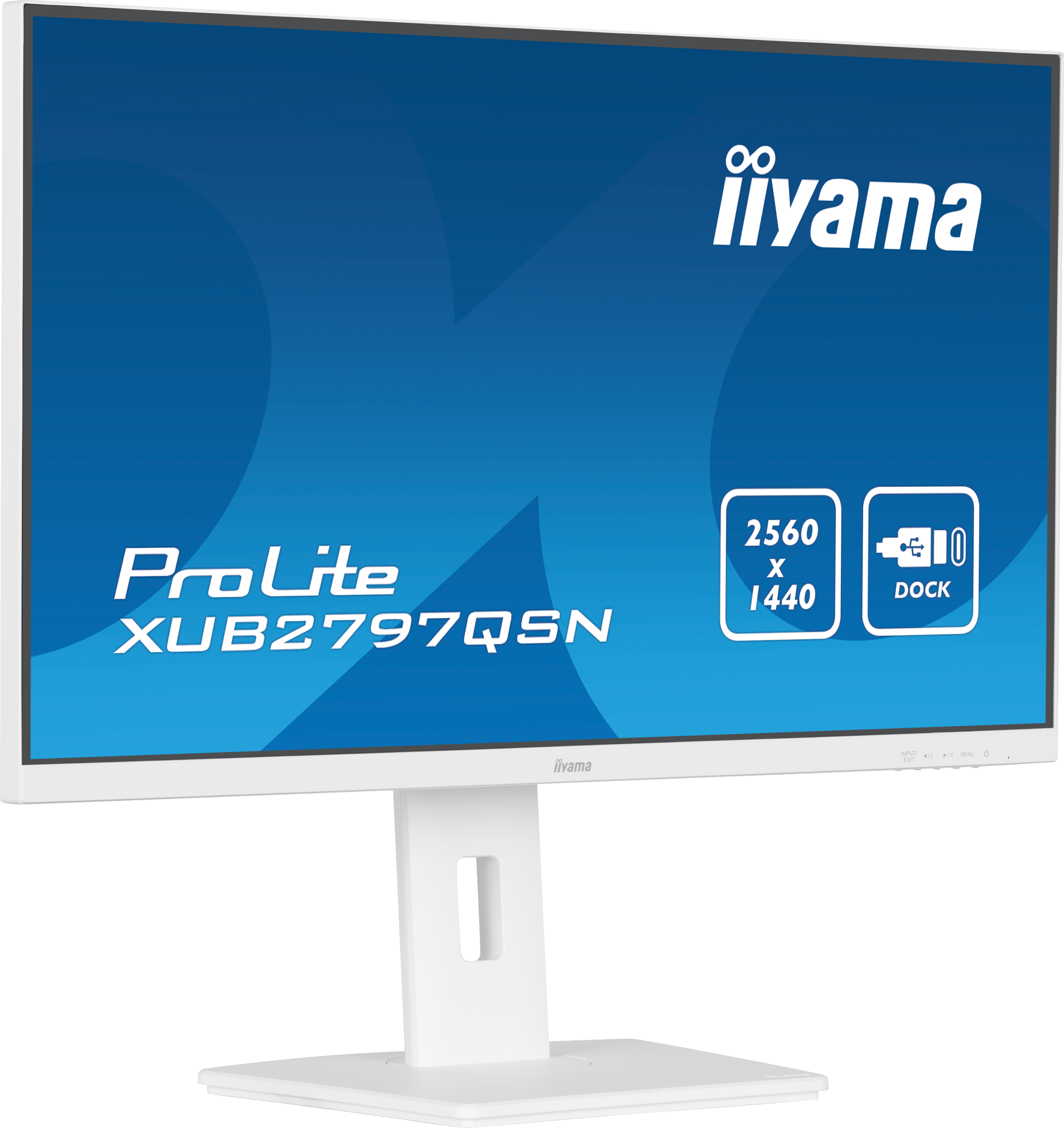 Weißer Computermonitor mit Ständer. Der Bildschirm zeigt einen blauen Hintergrund und das iiyama-Logo.