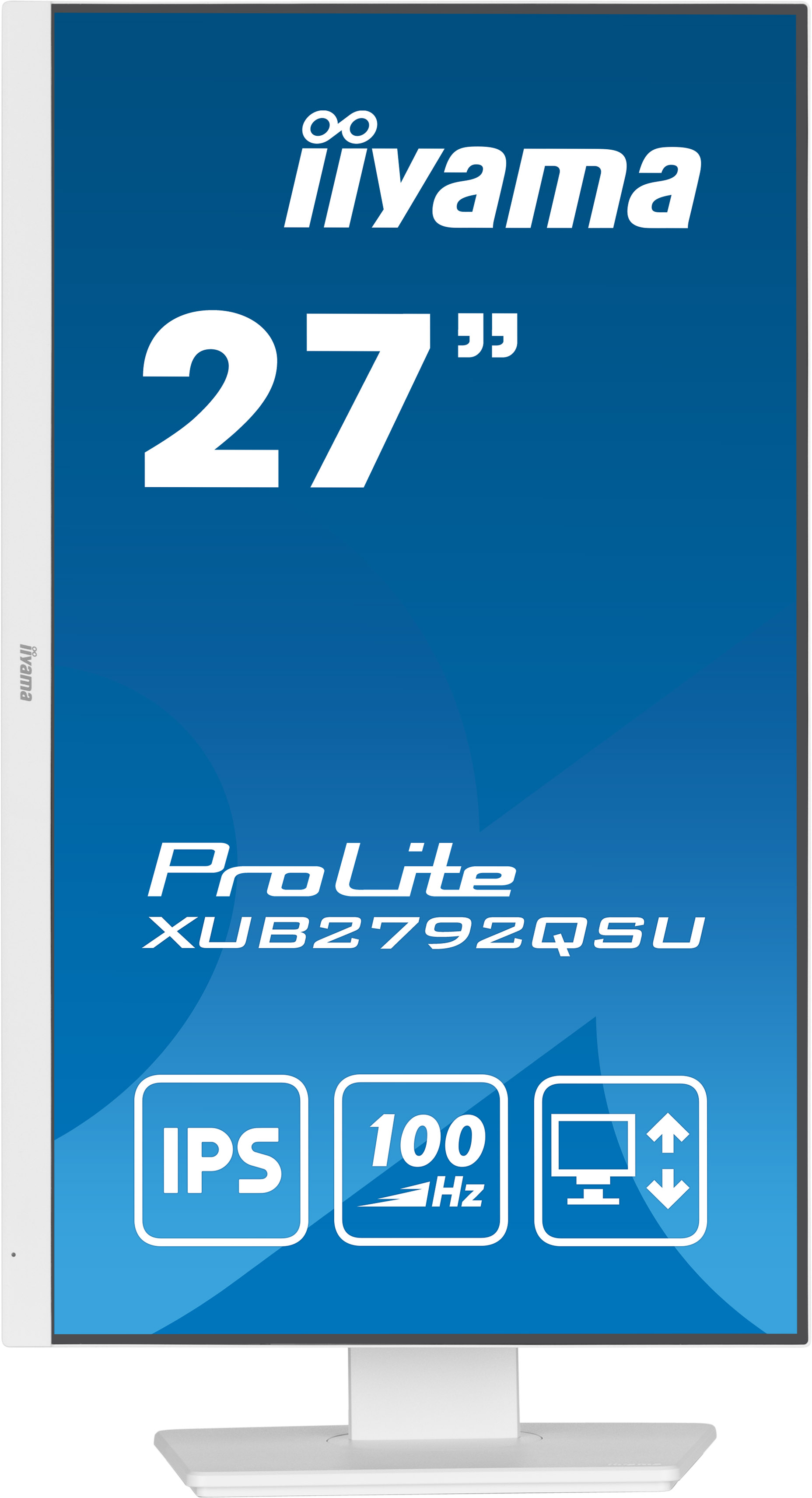Ein weißer 27-Zoll-iiyama-Monitor mit blauem Hintergrund und IPS, 100 Hz und Anpassungssymbolen.