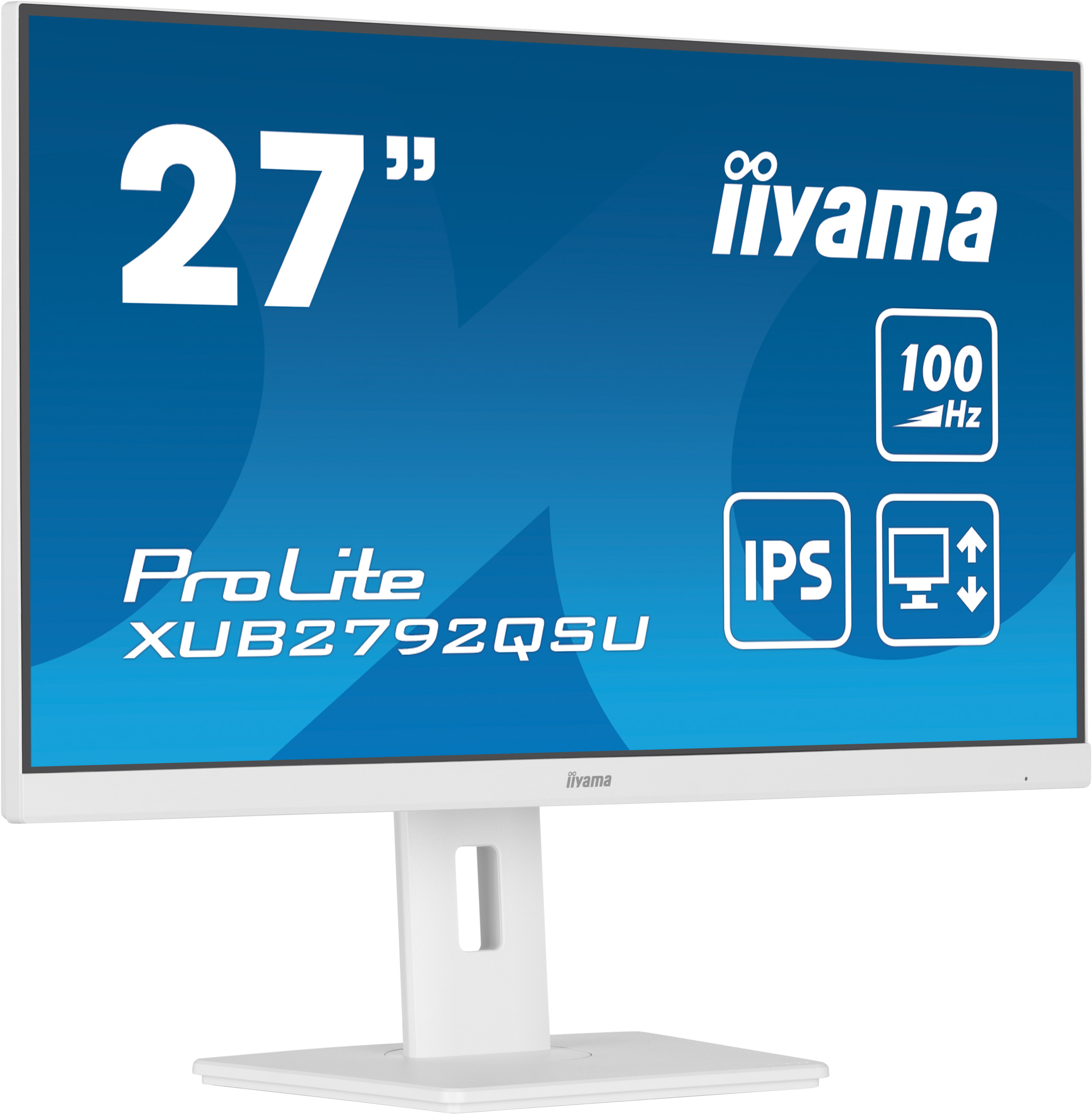 Weißer Computermonitor mit dem Wort 'iiyama' vorne. Er steht auf einem weißen Ständer.