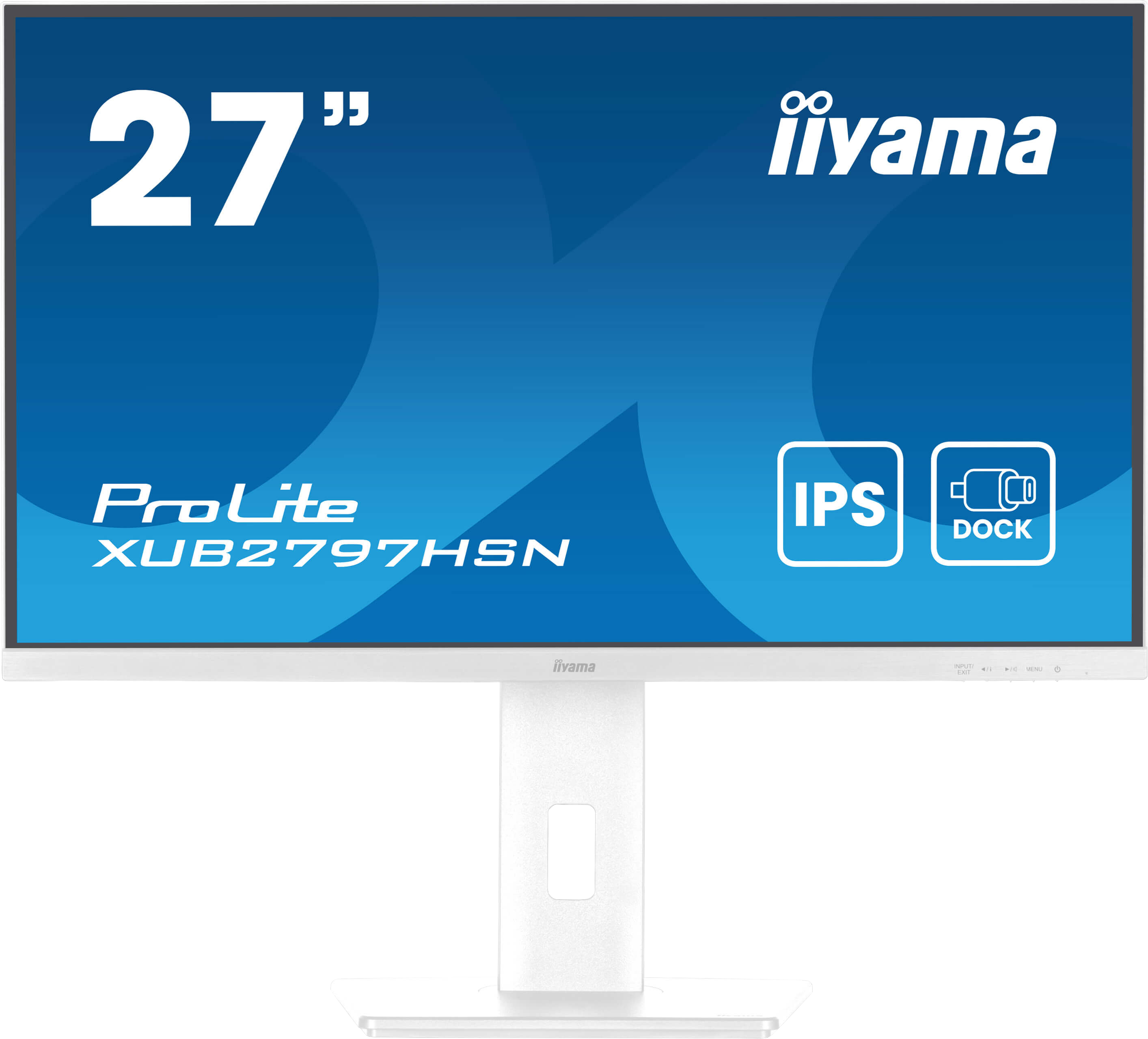 Weißer Monitor mit weißem Ständer, der Bildschirm zeigt den Text '27"' und das iiyama-Logo.