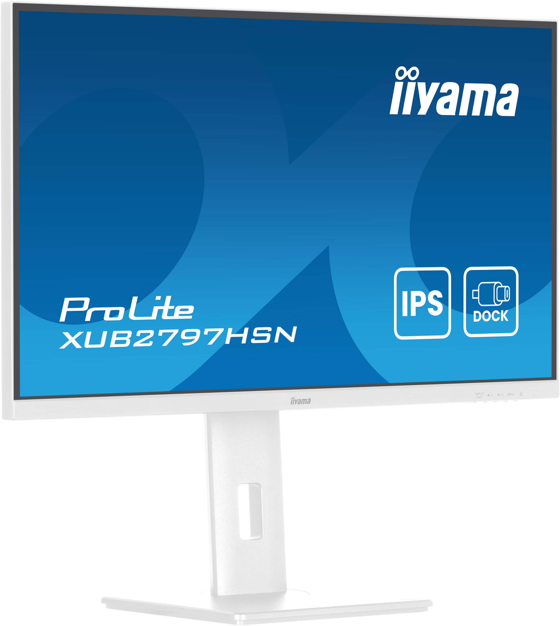 Weißer Computermonitor mit Text auf dem Bildschirm. Blauer Hintergrund.