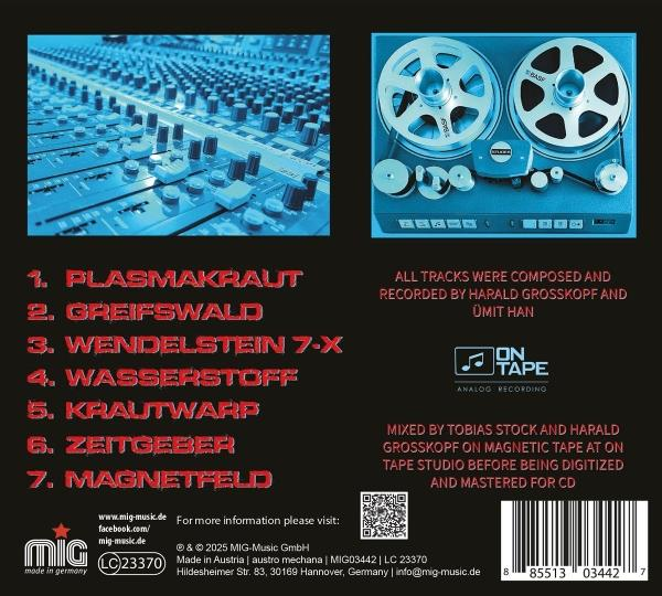 Rückseite eines CD-Covers mit Titellisten, Credits und Studiendetails auf blauem Hintergrund.