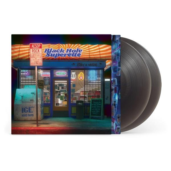 Albumcover mit einer Illustration eines Ladens und zwei Vinylplatten rechts.