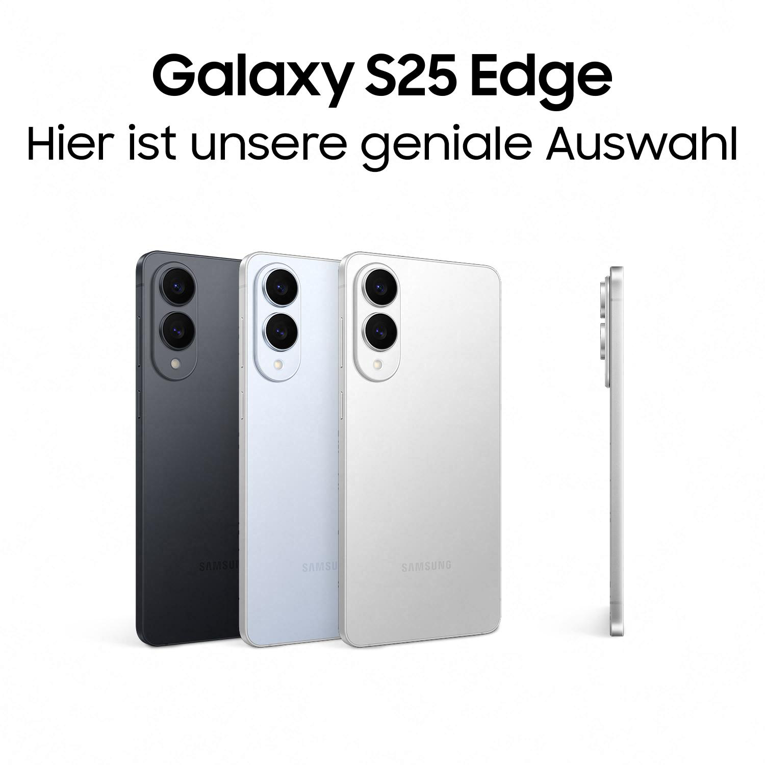 Drei Samsung Galaxy S25 Edge in Schwarz, Weiß und Grau.