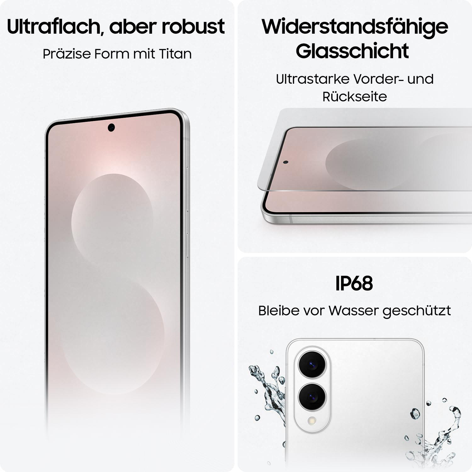 Nahaufnahme eines Smartphones, das Funktionen zeigt, einschließlich Form, Glasabdeckung und Wasserbeständigkeit.